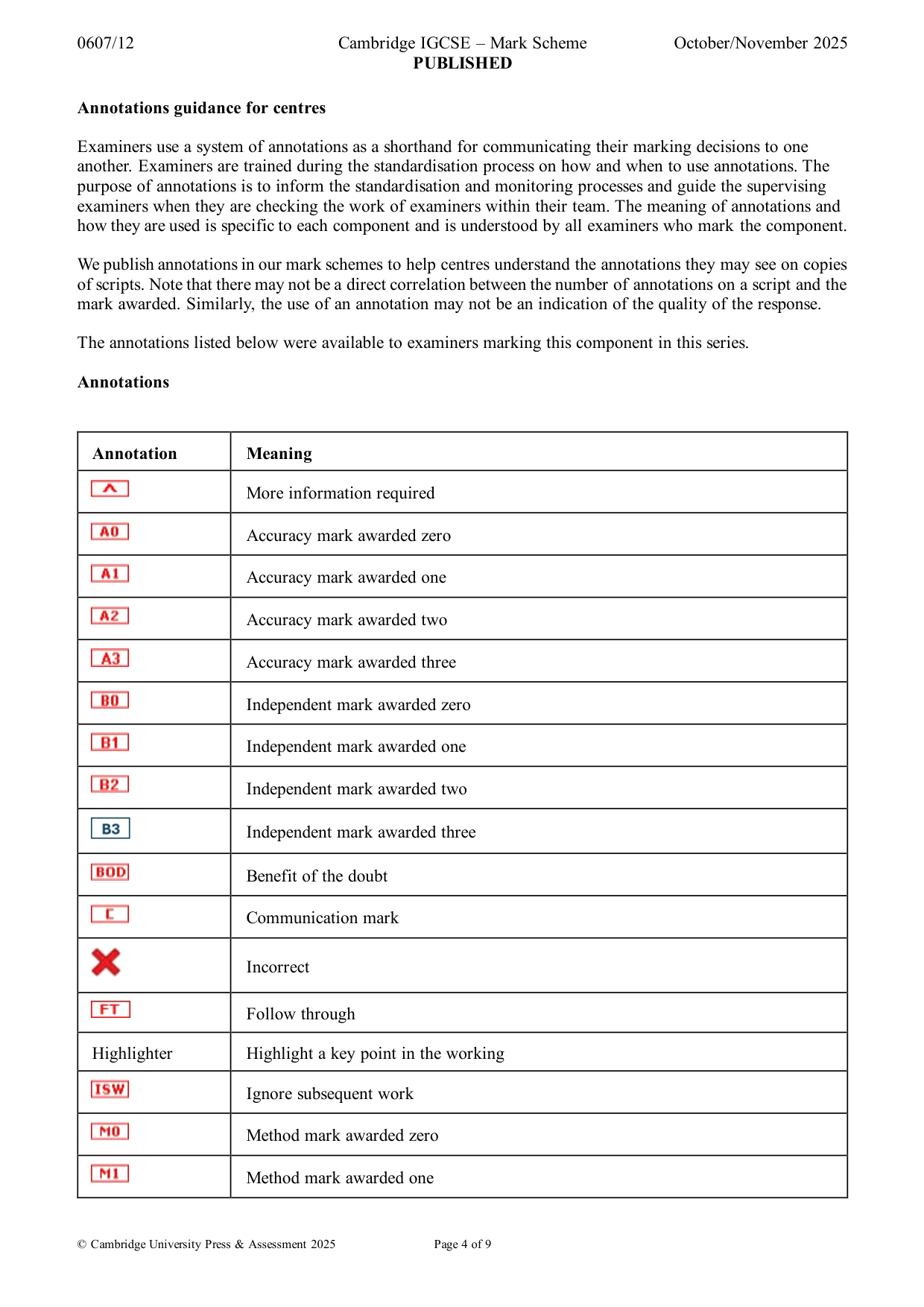 Mark scheme, page 4 of 9