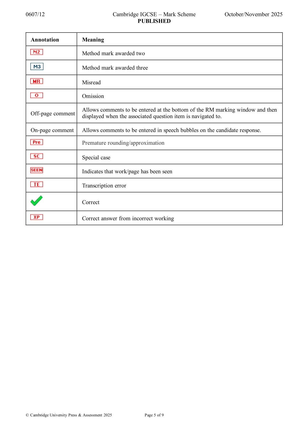 Mark scheme, page 5 of 9