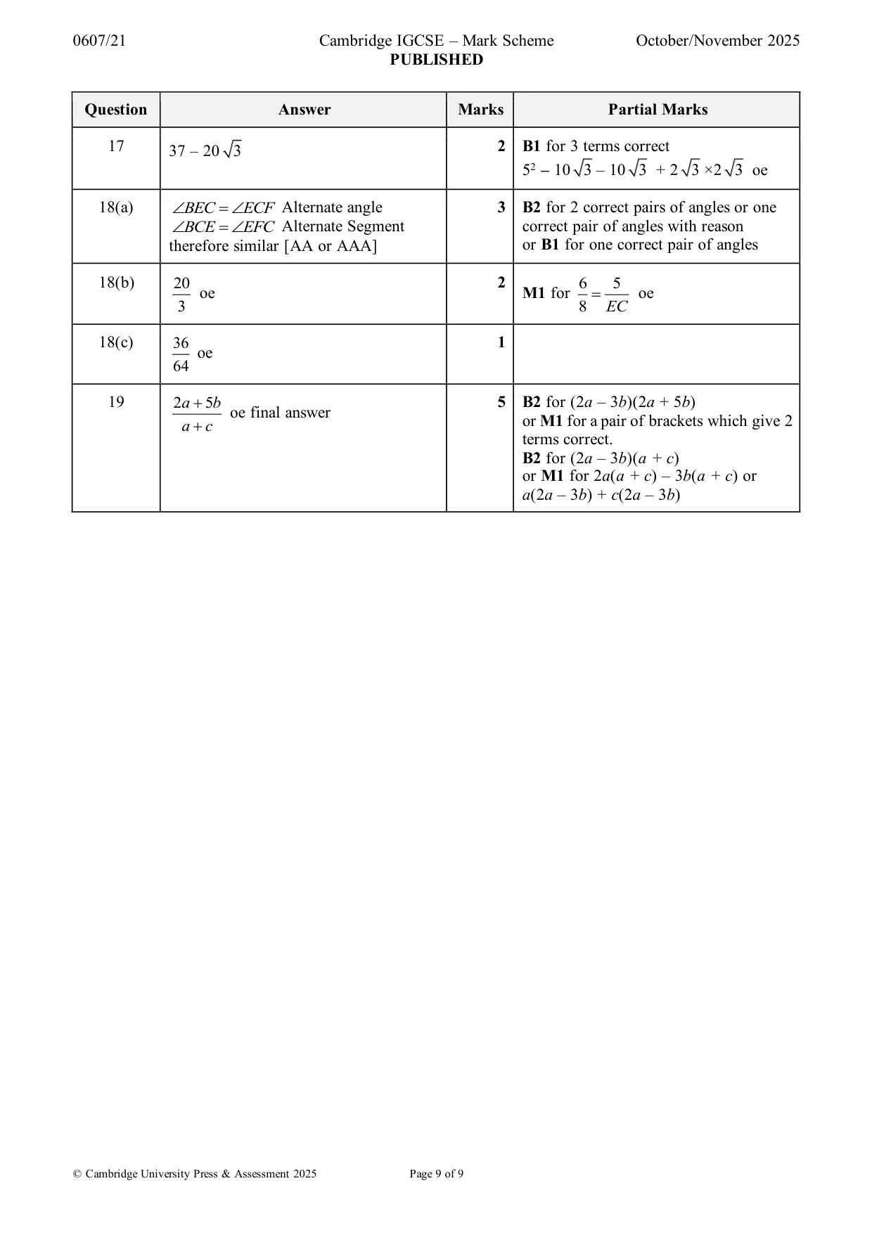 Mark scheme, page 9 of 9