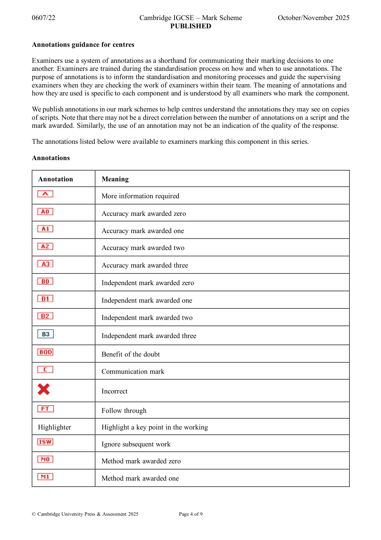 Mark scheme, page 4 of 9