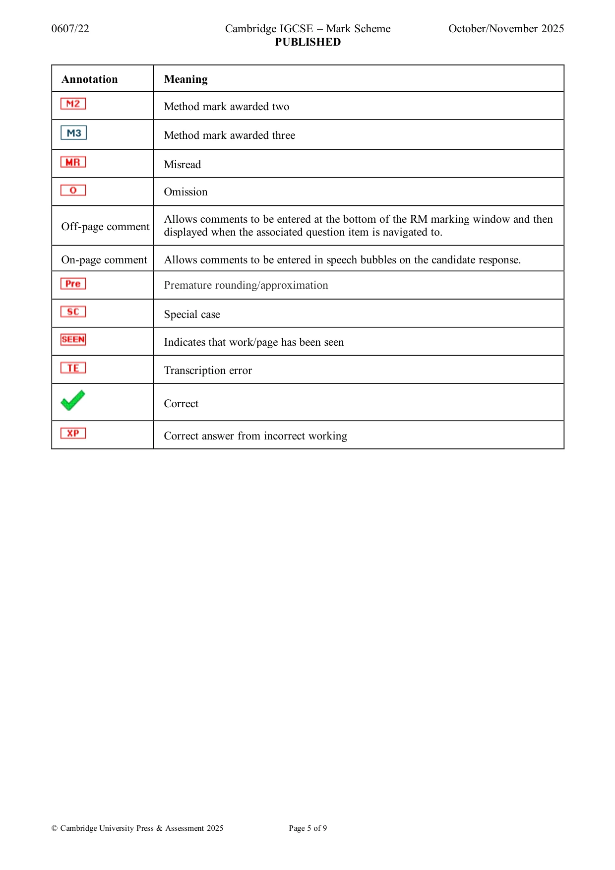 Mark scheme, page 5 of 9