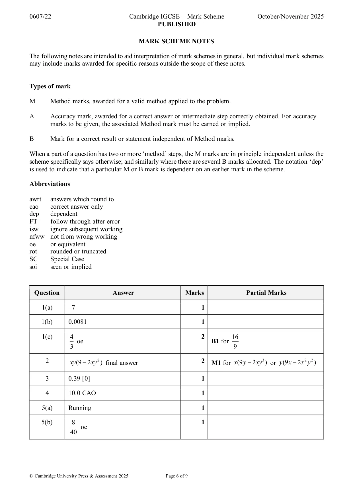 Mark scheme, page 6 of 9