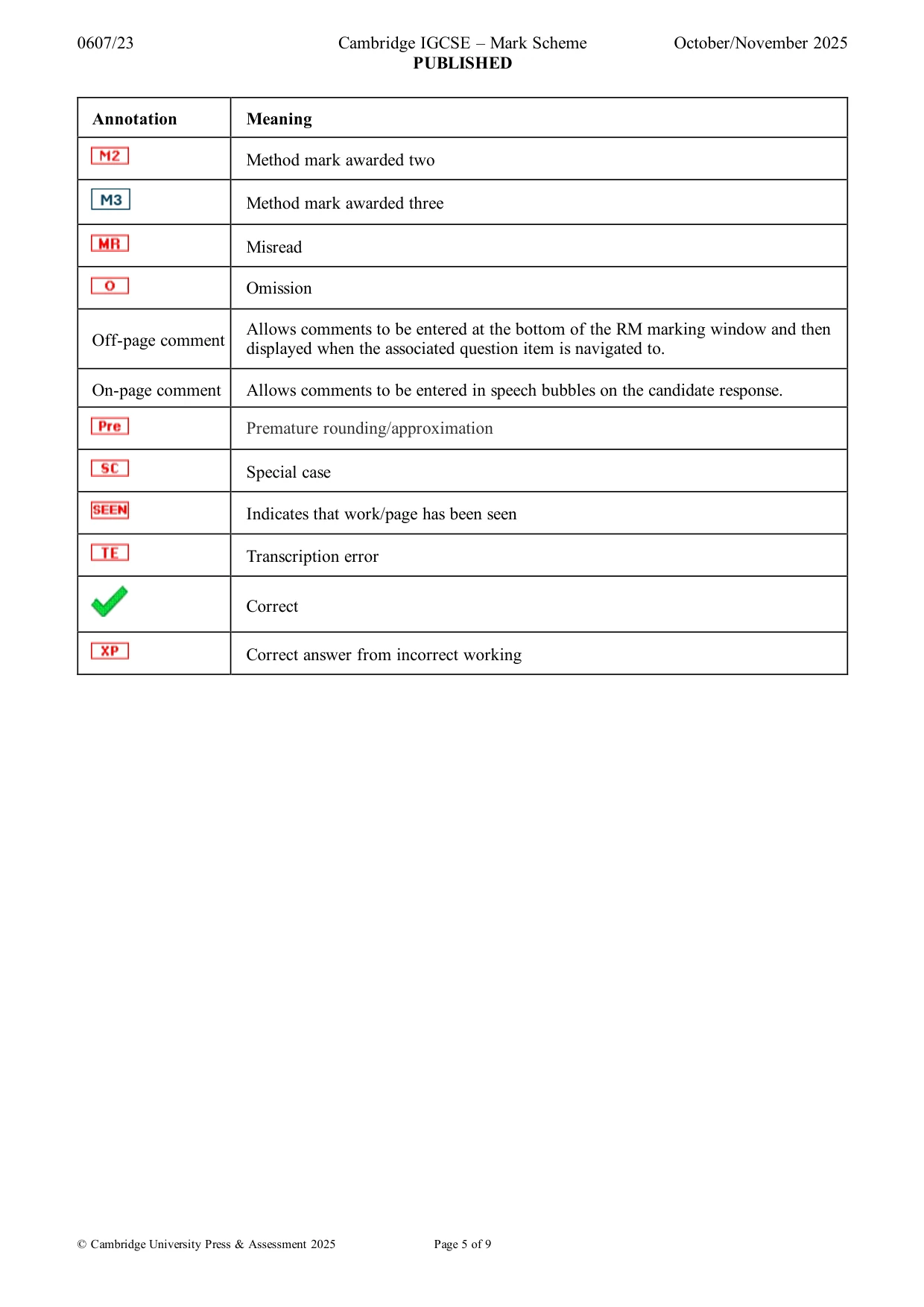 Mark scheme, page 5 of 9