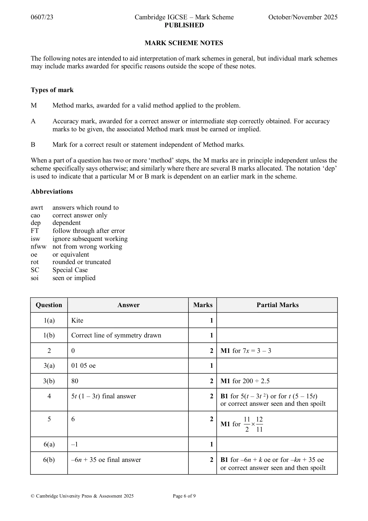 Mark scheme, page 6 of 9