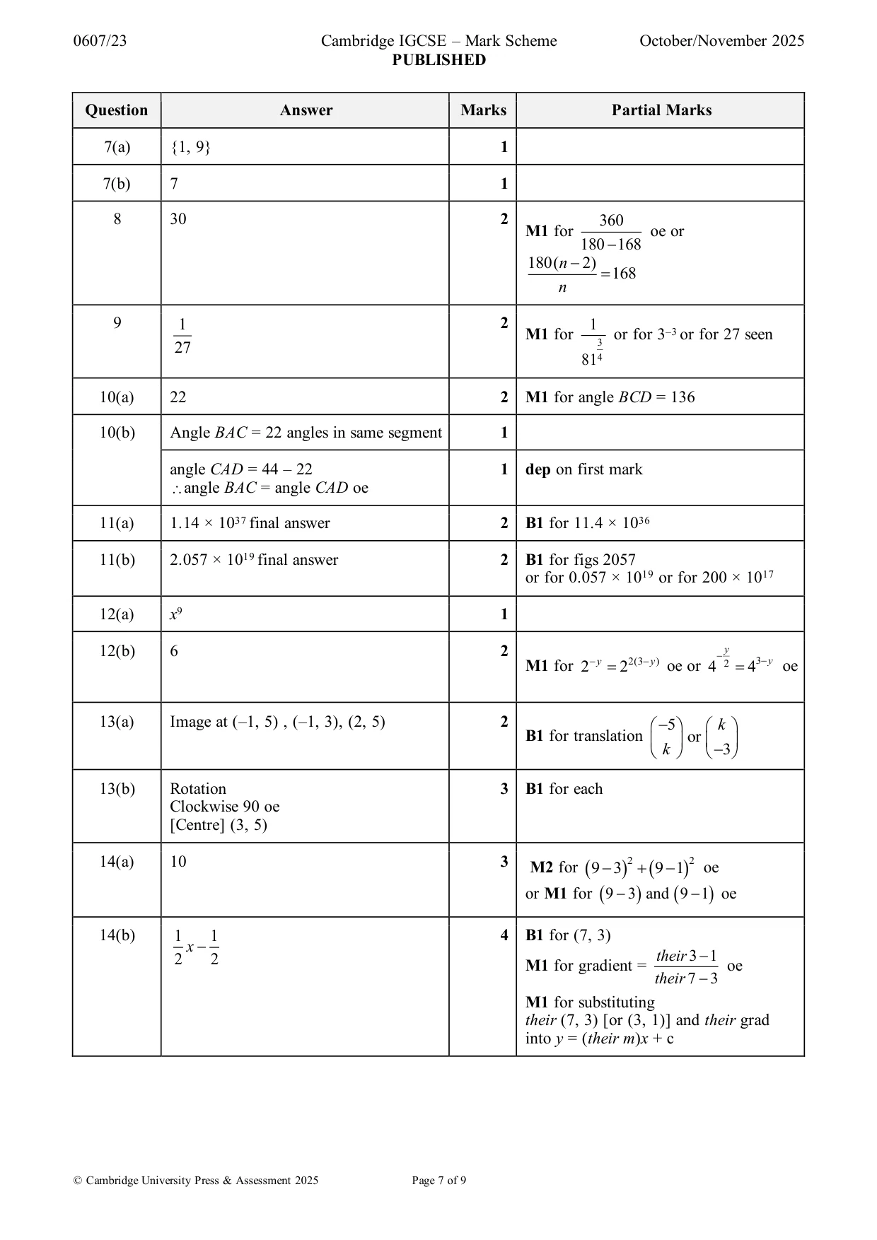 Mark scheme, page 7 of 9