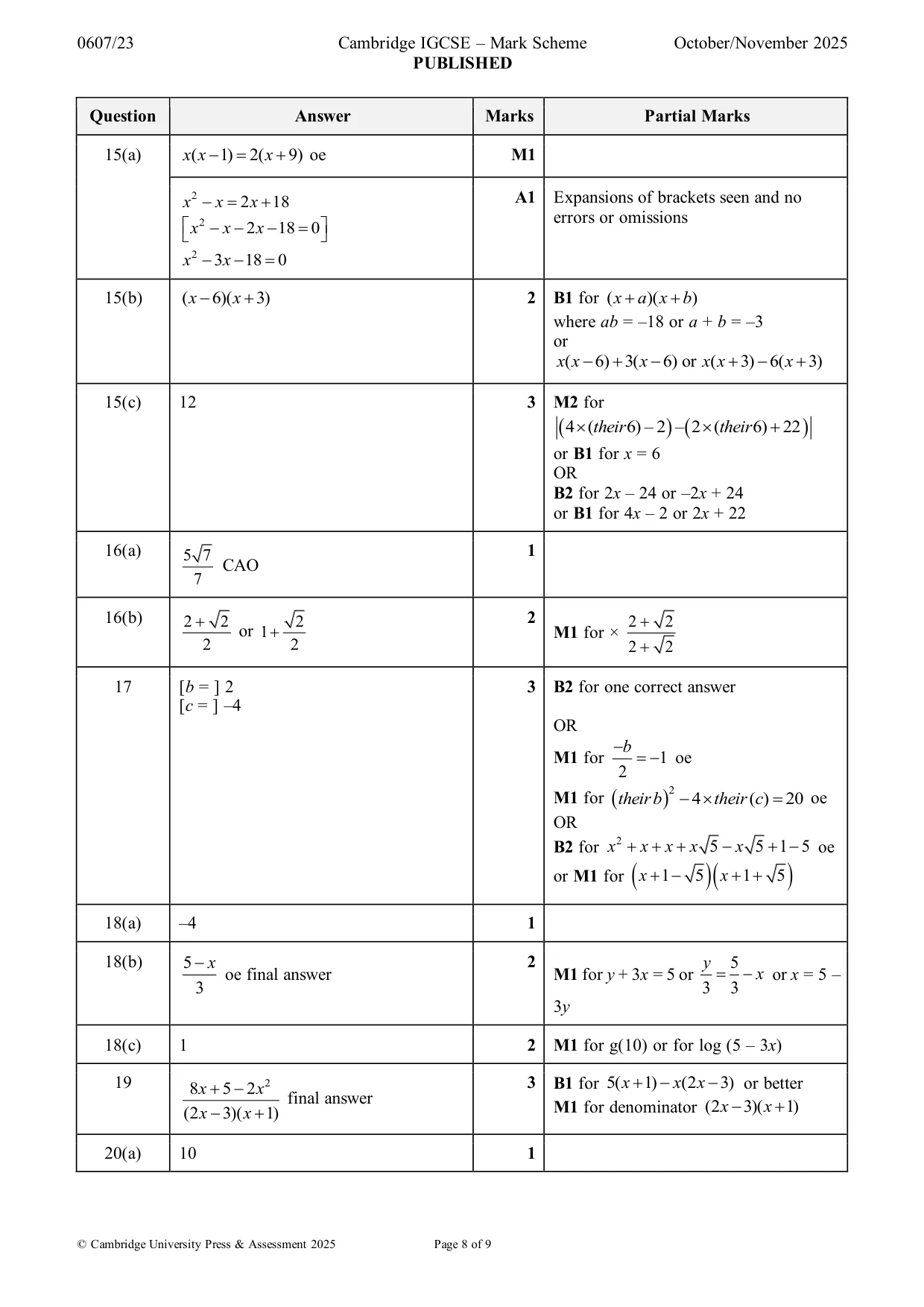 Mark scheme, page 8 of 9