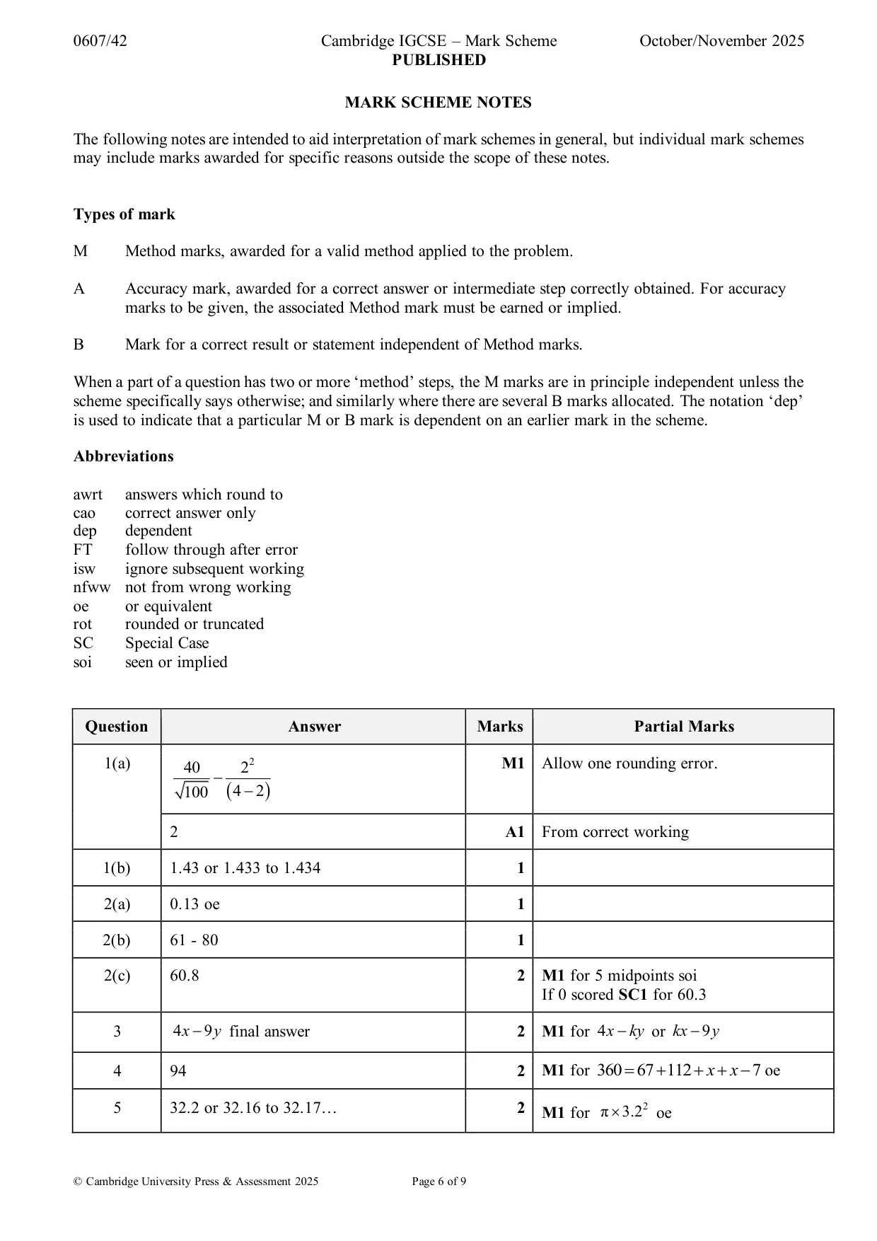 Mark scheme, page 6 of 9