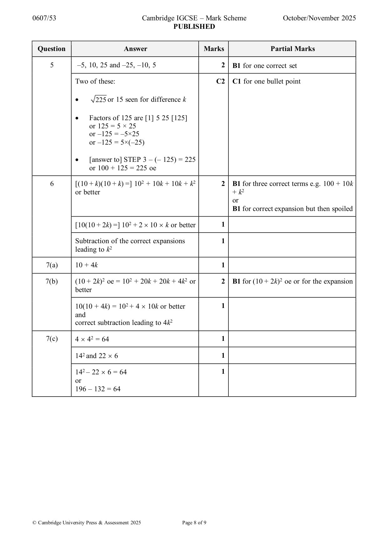 Mark scheme, page 8 of 9