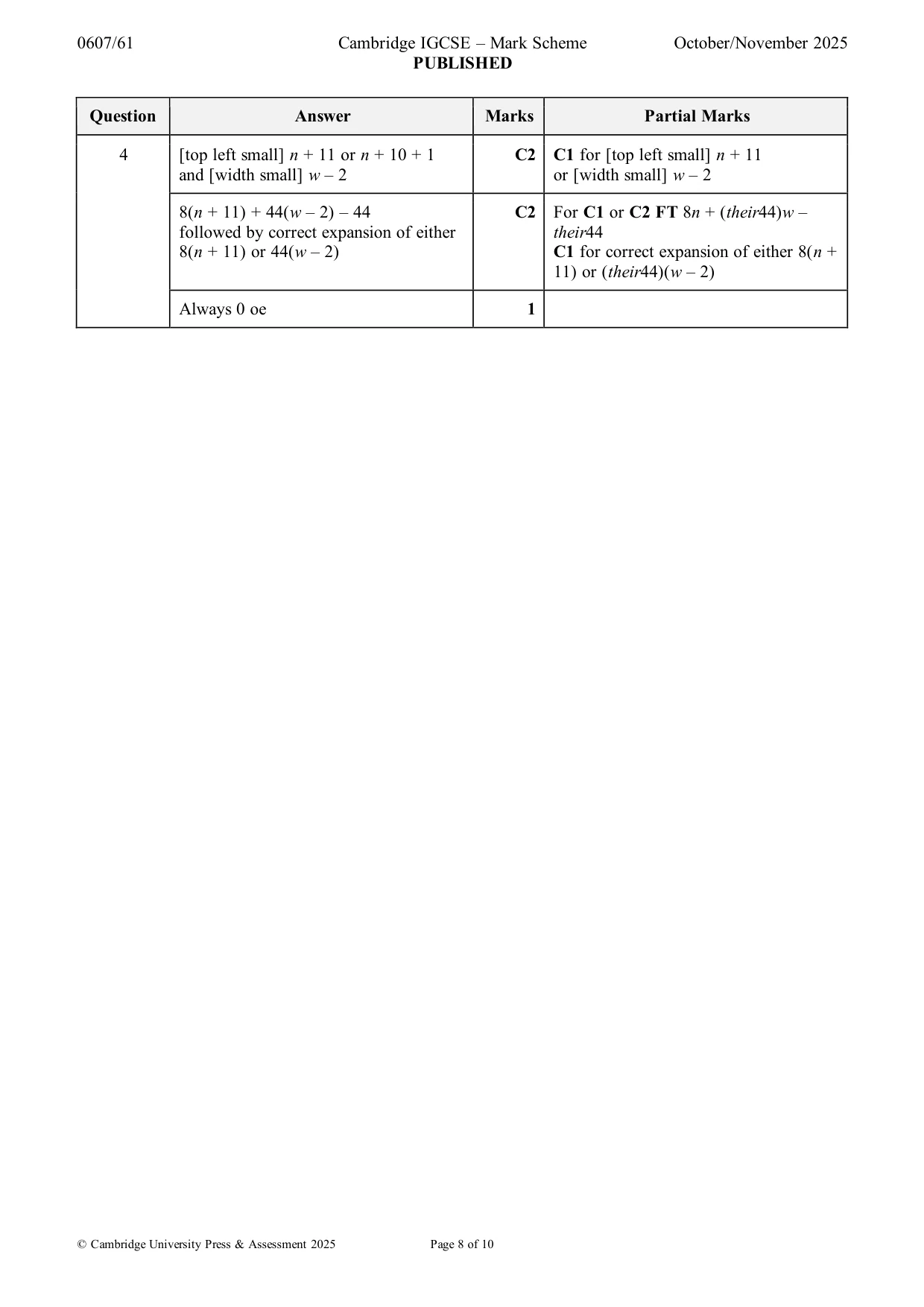 Mark scheme, page 8 of 10