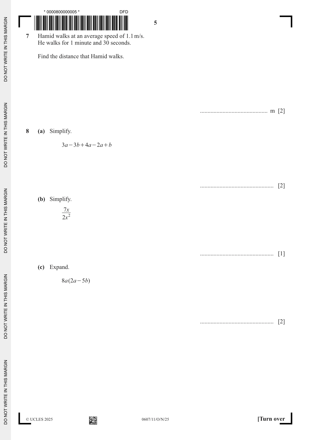 Cambridge IGCSE Mathematics - International 0607 2025 Oct/Nov Paper 1 · Variant 1 question paper, page 5 of 12