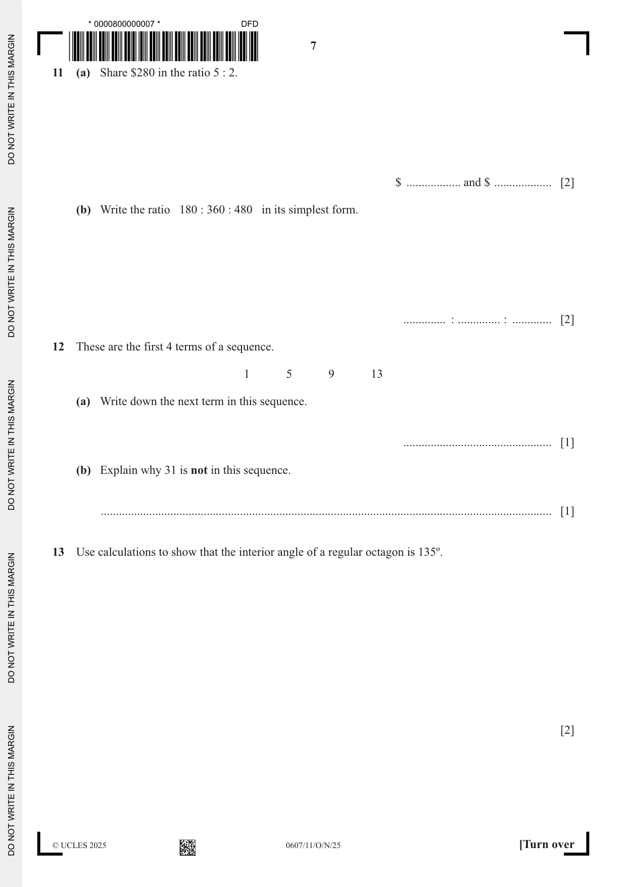 Cambridge IGCSE Mathematics - International 0607 2025 Oct/Nov Paper 1 · Variant 1 question paper, page 7 of 12