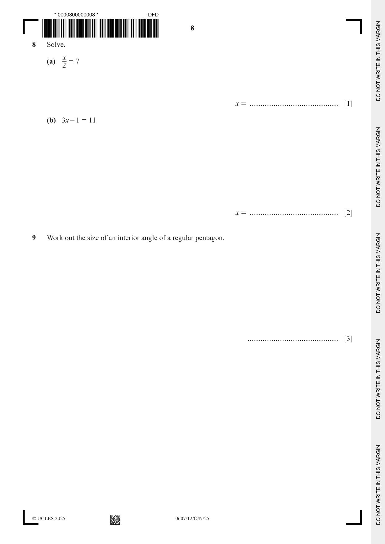 Cambridge IGCSE Mathematics - International 0607 2025 Oct/Nov Paper 1 · Variant 2 question paper, page 8 of 12