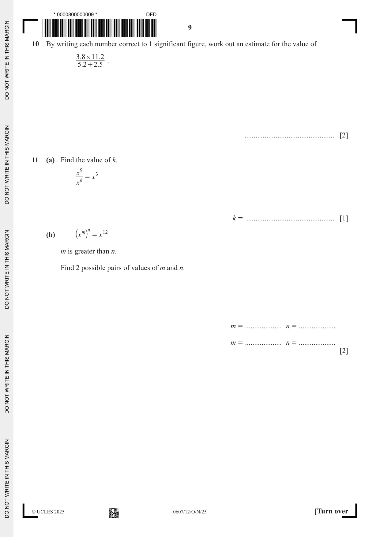 Cambridge IGCSE Mathematics - International 0607 2025 Oct/Nov Paper 1 · Variant 2 question paper, page 9 of 12