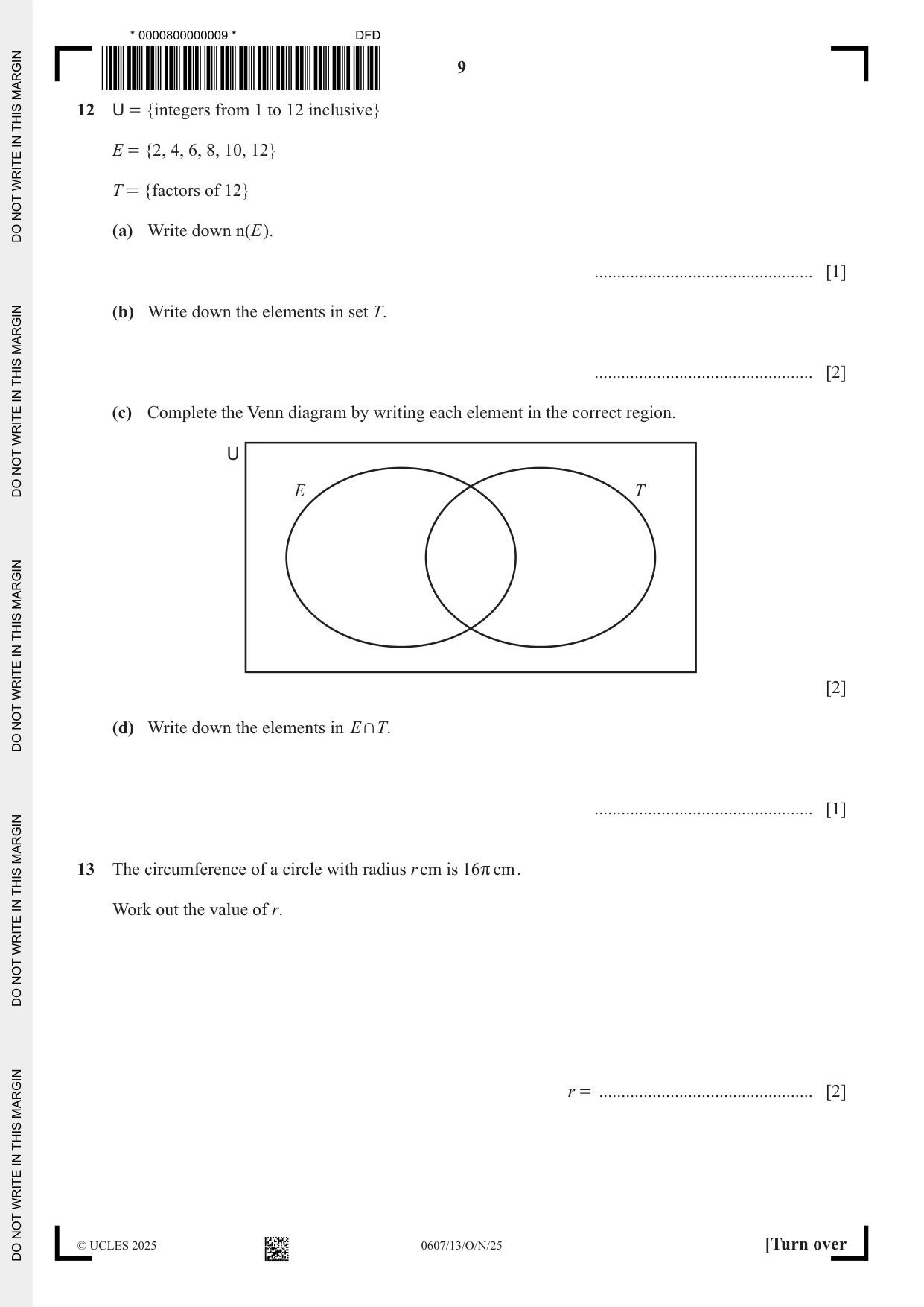 Cambridge IGCSE Mathematics - International 0607 2025 Oct/Nov Paper 1 · Variant 3 question paper, page 9 of 12