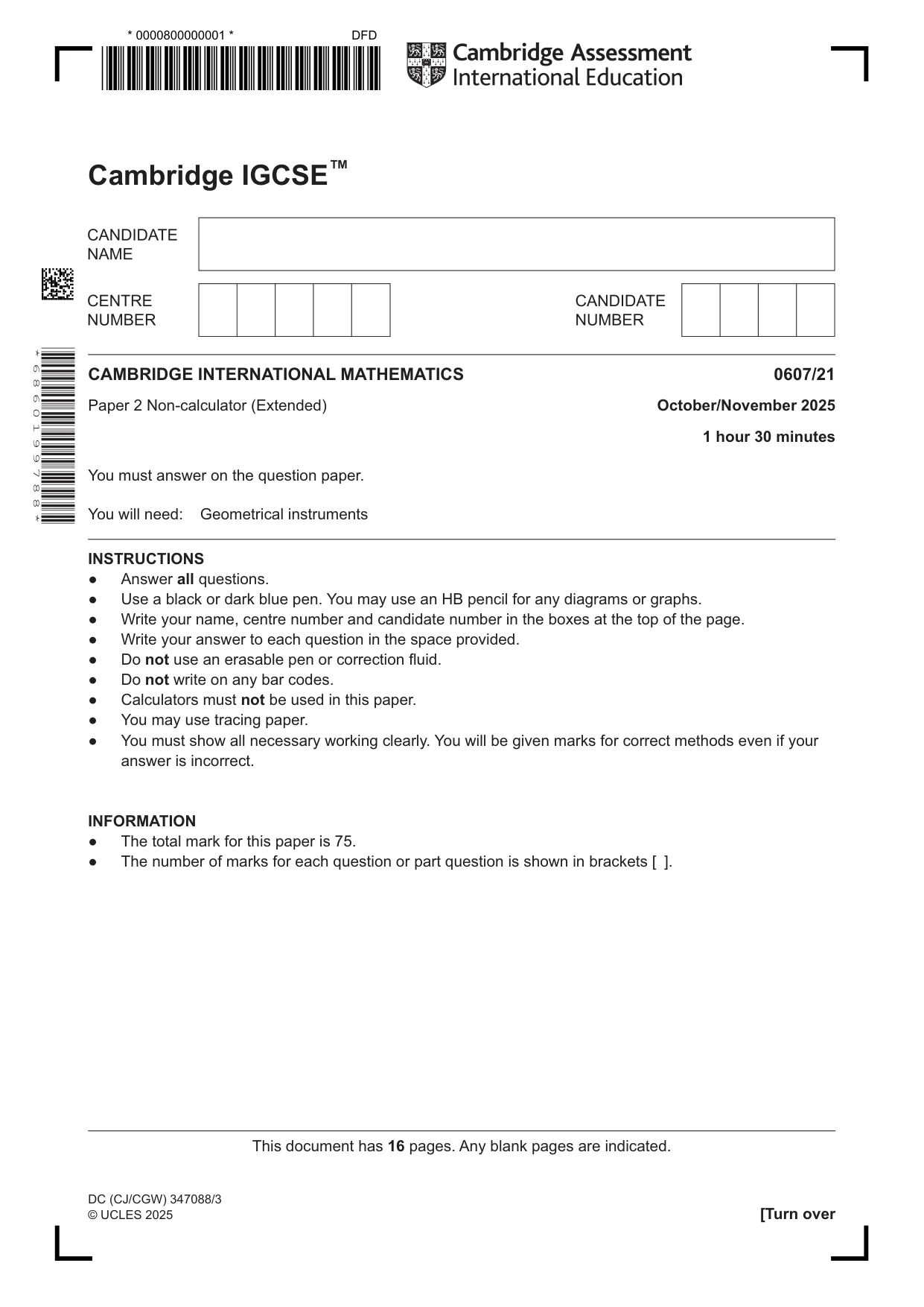 Cambridge IGCSE Mathematics - International 0607 2025 Oct/Nov Paper 2 · Variant 1 question paper, page 1 of 16
