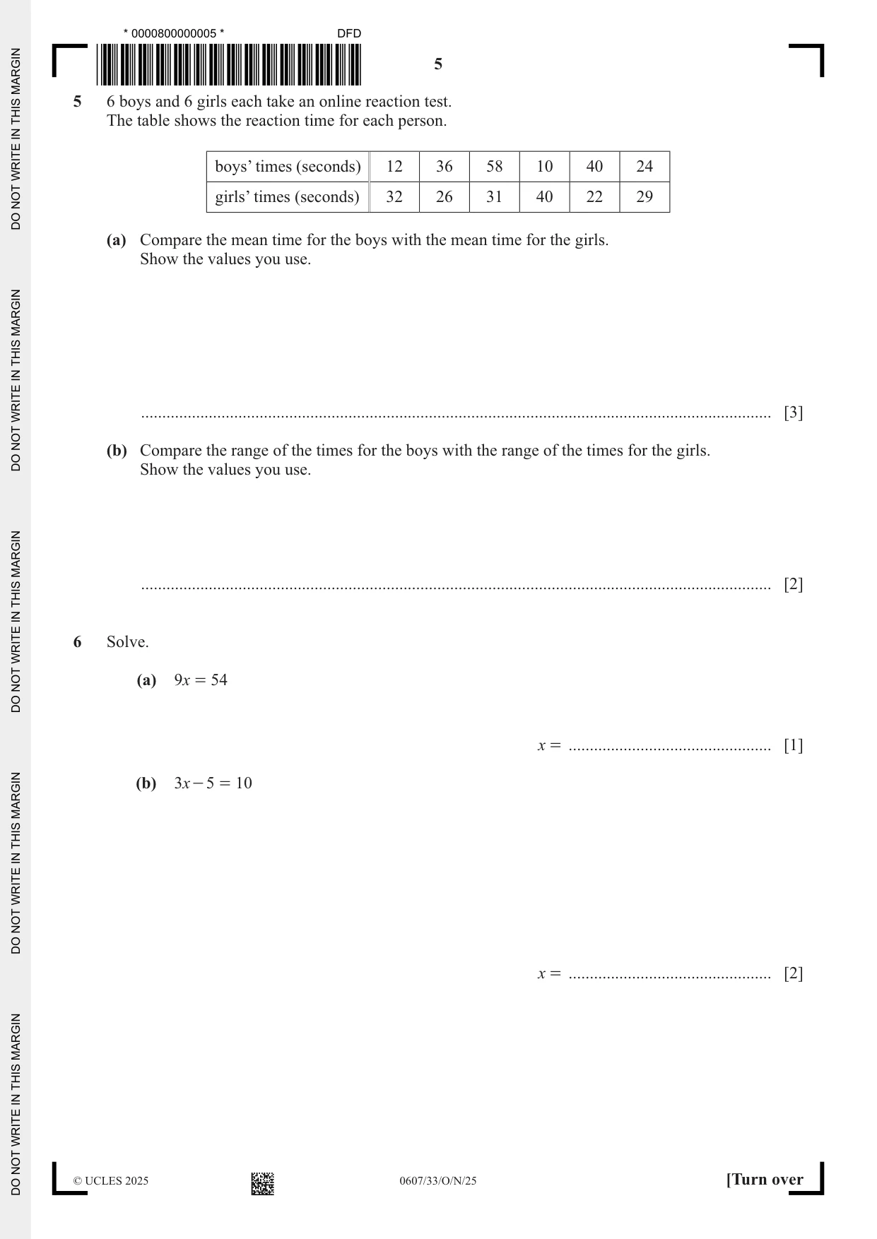 Cambridge IGCSE Mathematics - International 0607 2025 Oct/Nov Paper 3 · Variant 3 question paper, page 5 of 12