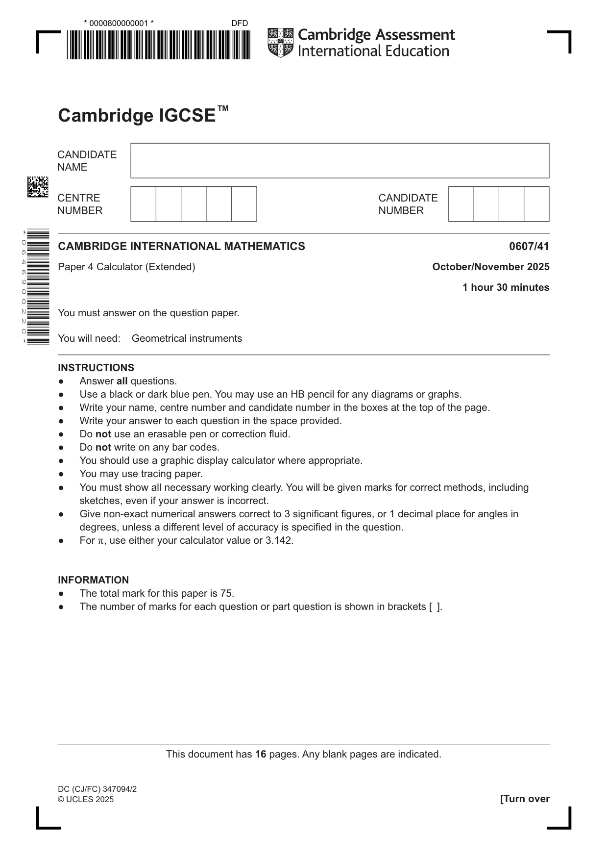 Cambridge IGCSE Mathematics - International 0607 2025 Oct/Nov Paper 4 · Variant 1 question paper, page 1 of 16