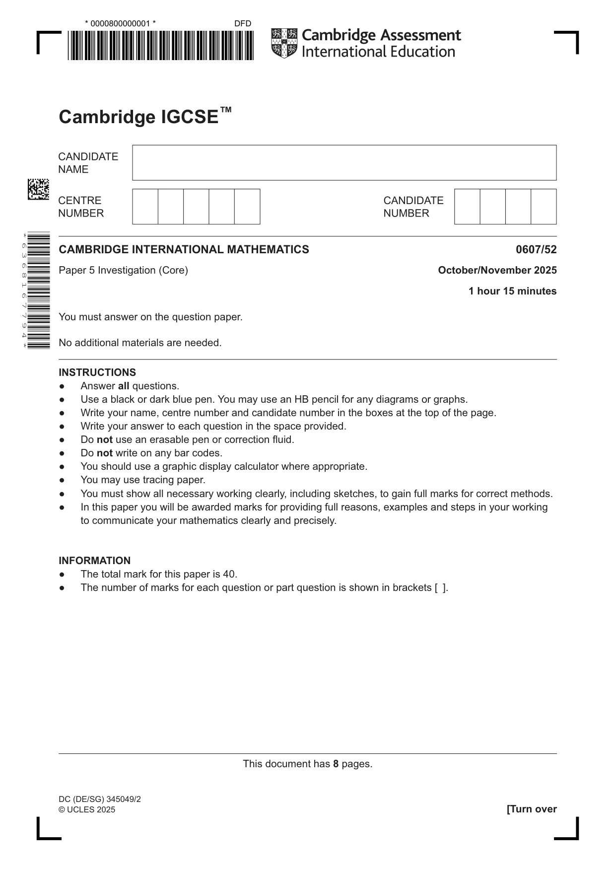 Cambridge IGCSE Mathematics - International 0607 2025 Oct/Nov Paper 5 · Variant 2 question paper, page 1 of 8