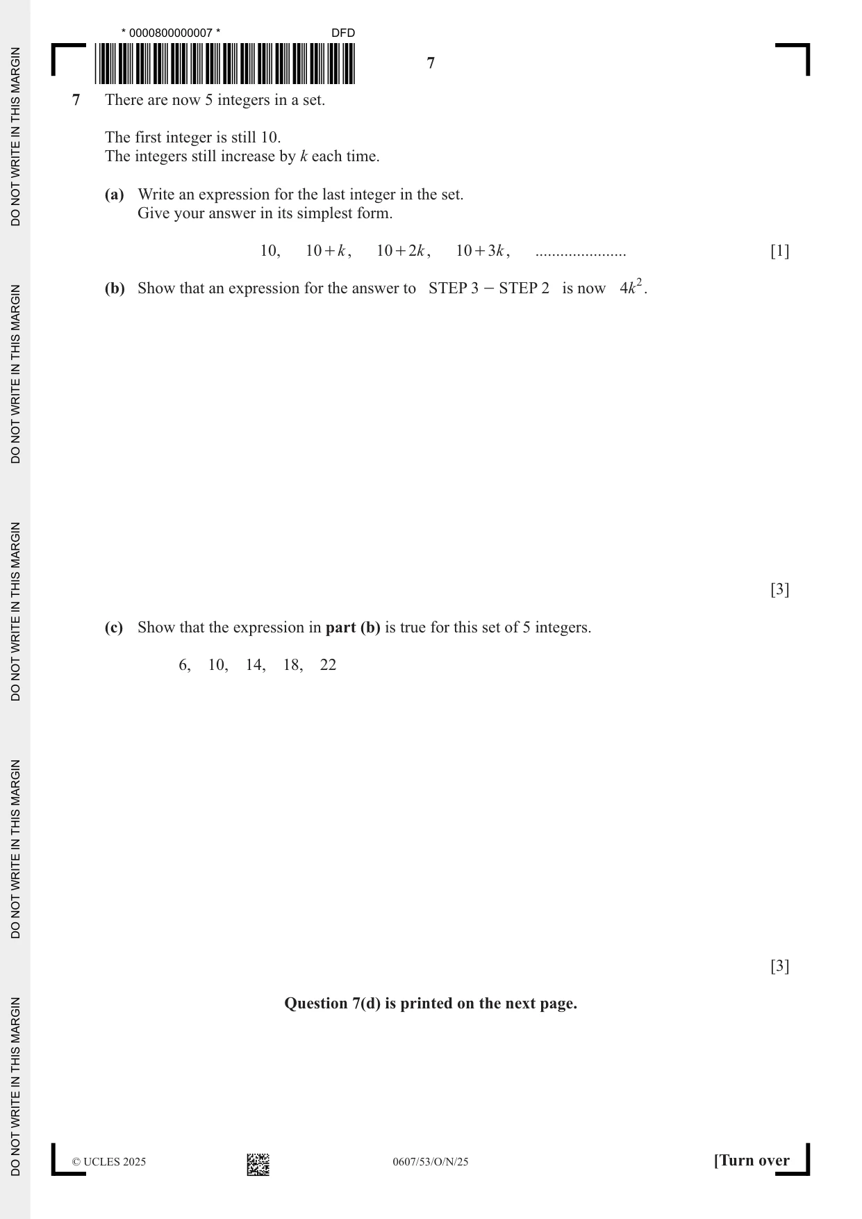 Cambridge IGCSE Mathematics - International 0607 2025 Oct/Nov Paper 5 · Variant 3 question paper, page 7 of 8