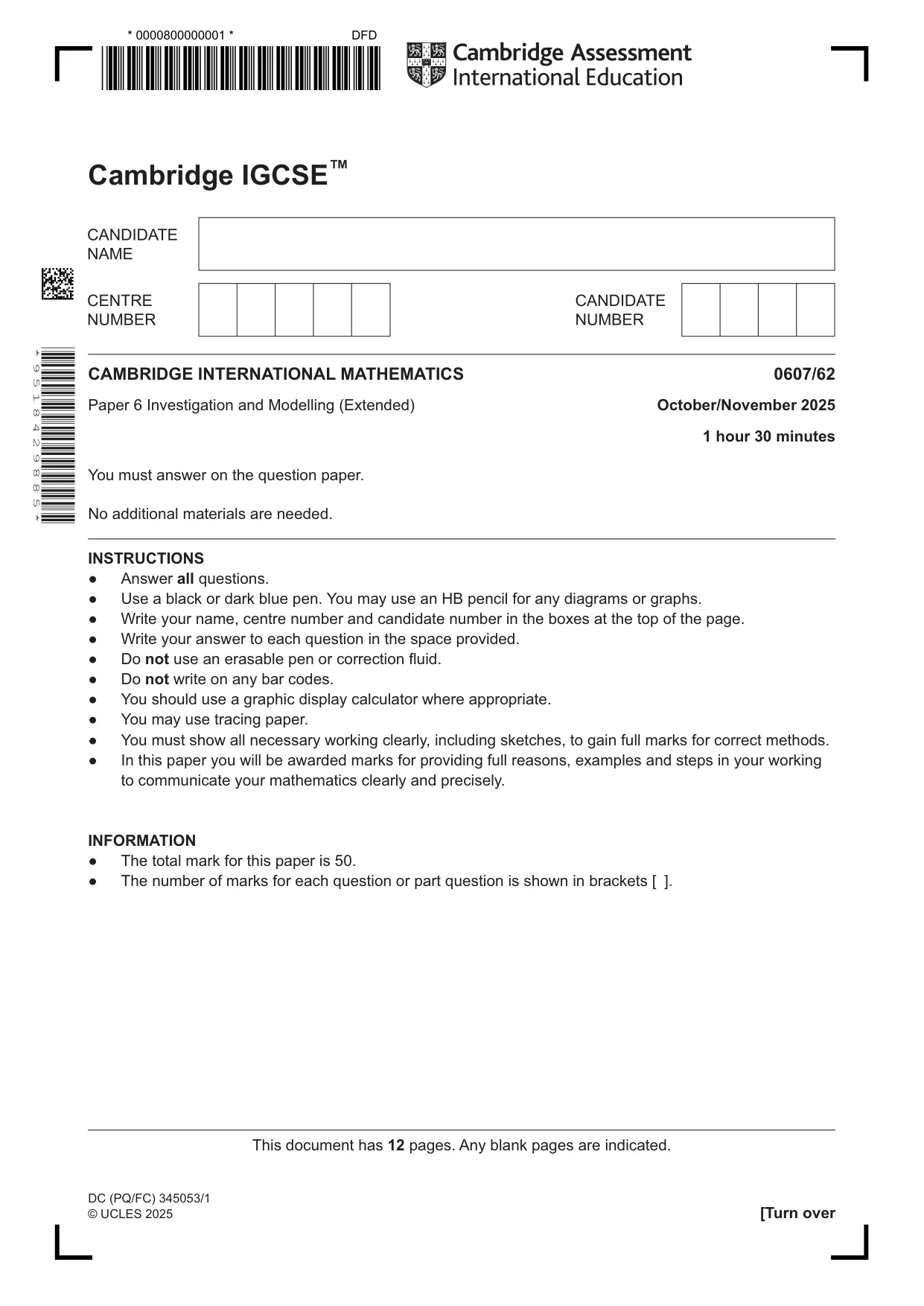 Cambridge IGCSE Mathematics - International 0607 2025 Oct/Nov Paper 6 · Variant 2 question paper, page 1 of 12