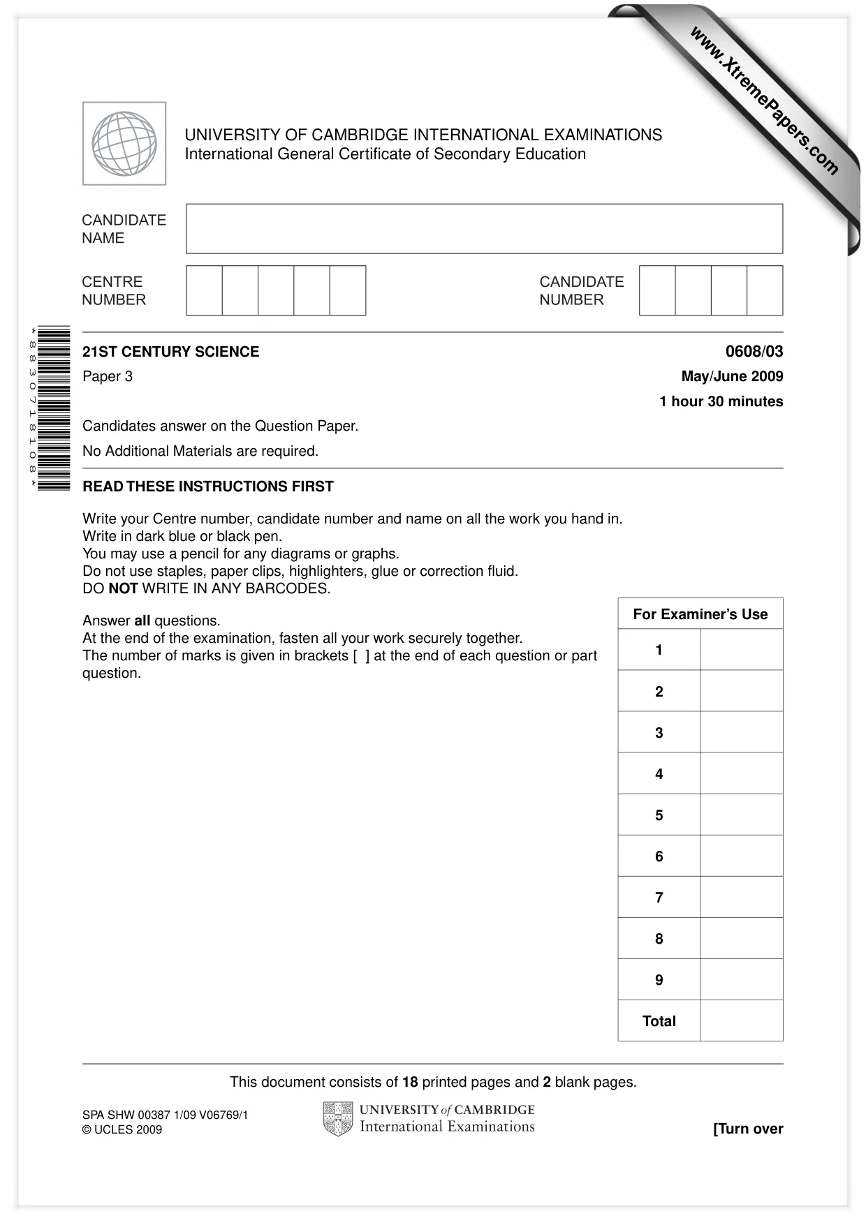 Cambridge IGCSE Twenty-First Century Science 0608 2009 May/June Paper 3 · Variant 1 question paper, page 1 of 20