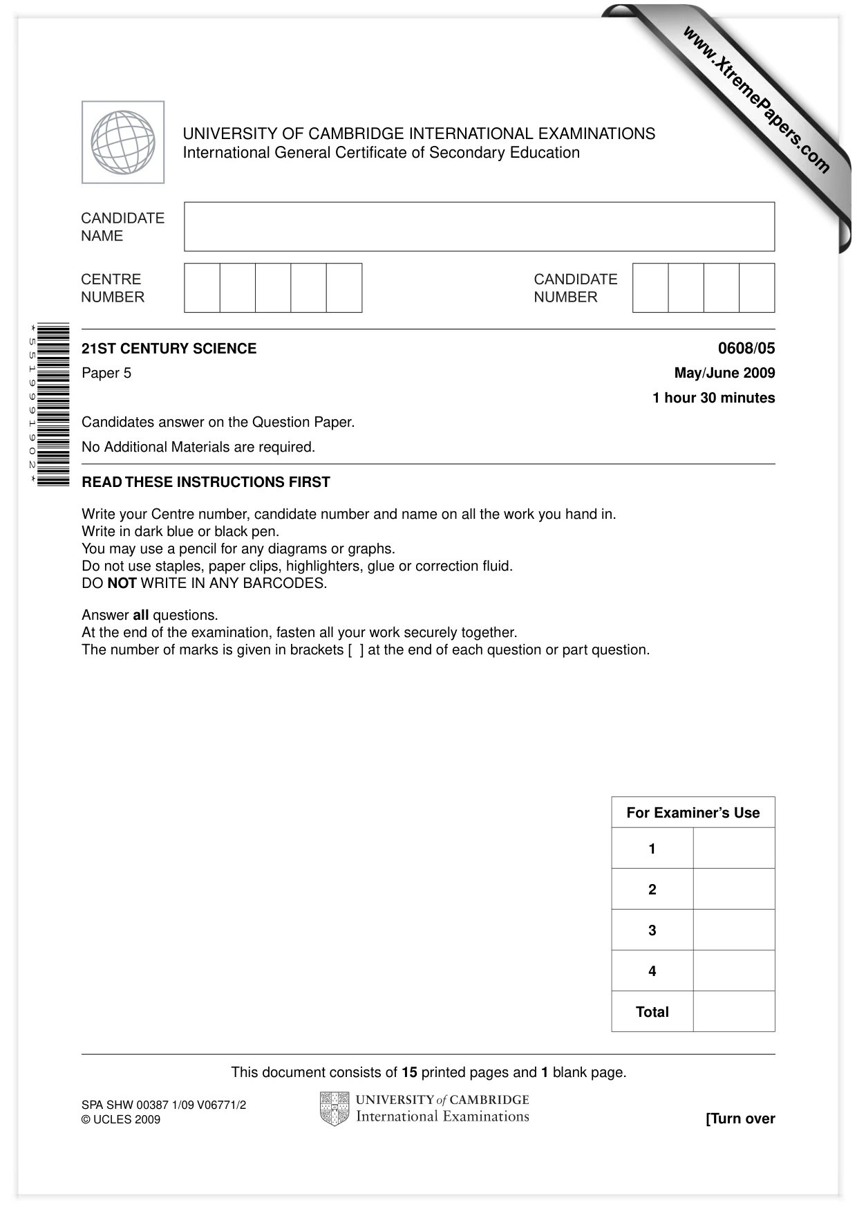 Cambridge IGCSE Twenty-First Century Science 0608 2009 May/June Paper 5 · Variant 1 question paper, page 1 of 16