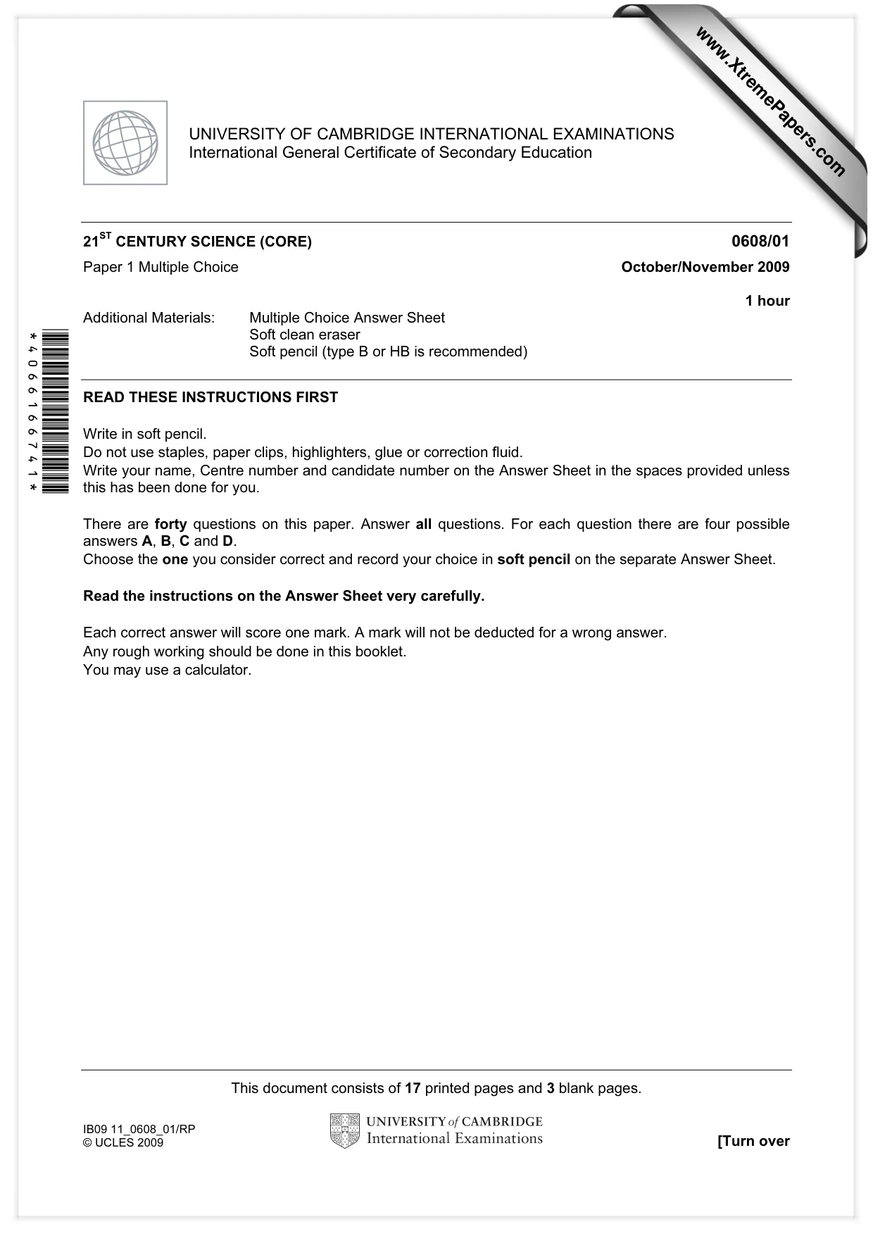 Cambridge IGCSE Twenty-First Century Science 0608 2009 Oct/Nov Paper 1 · Variant 1 question paper, page 1 of 20