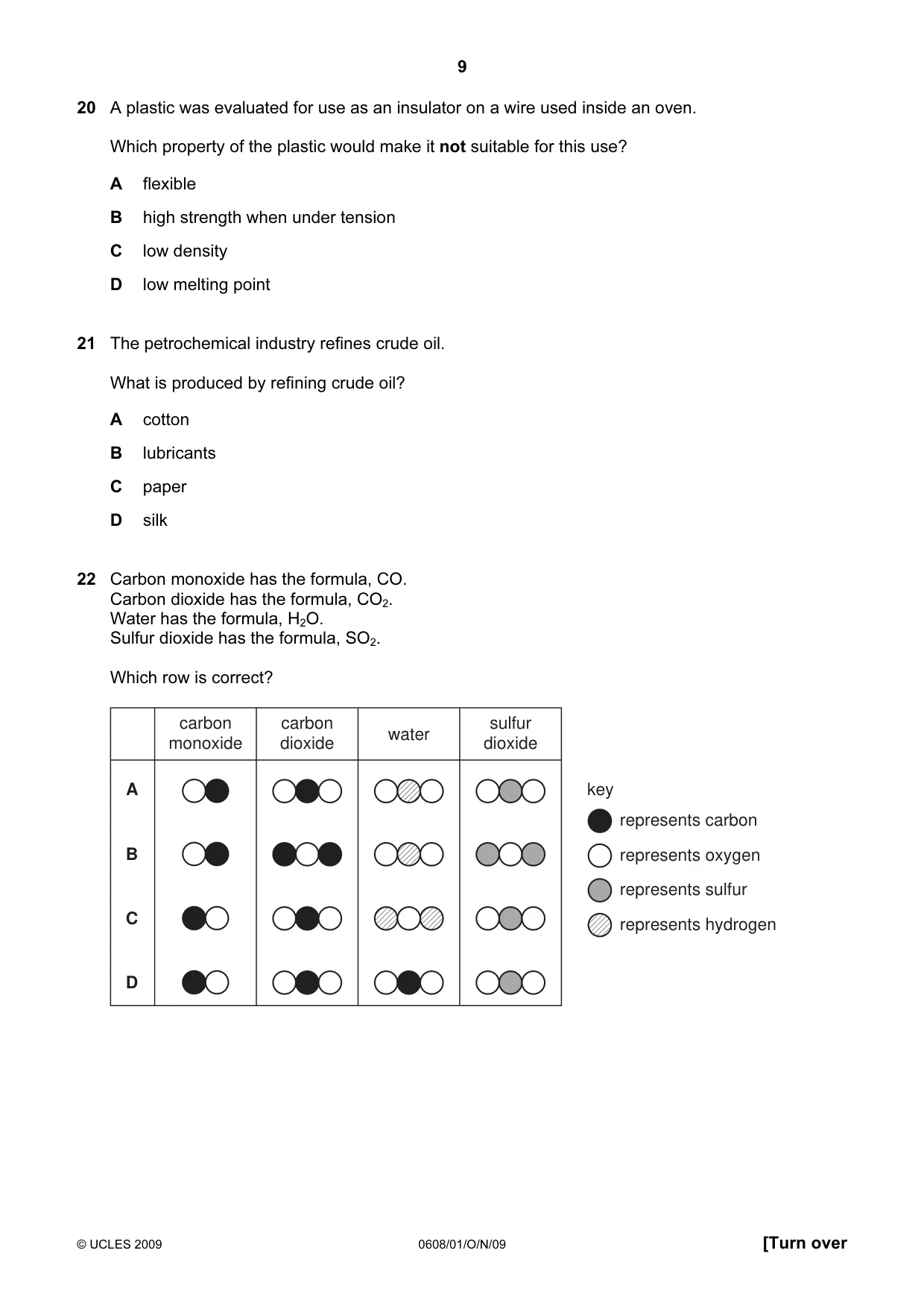 Cambridge IGCSE Twenty-First Century Science 0608 2009 Oct/Nov Paper 1 · Variant 1 question paper, page 9 of 20