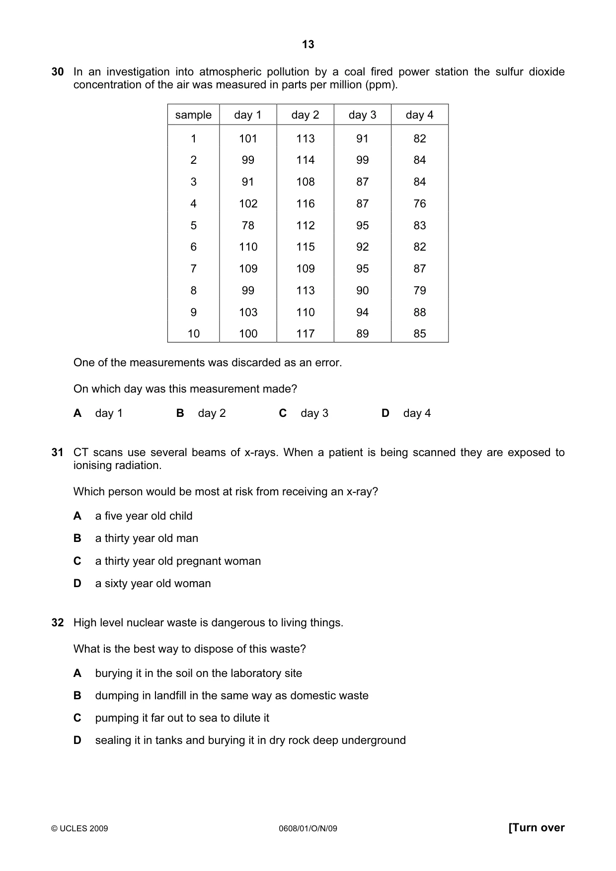 Cambridge IGCSE Twenty-First Century Science 0608 2009 Oct/Nov Paper 1 · Variant 1 question paper, page 13 of 20