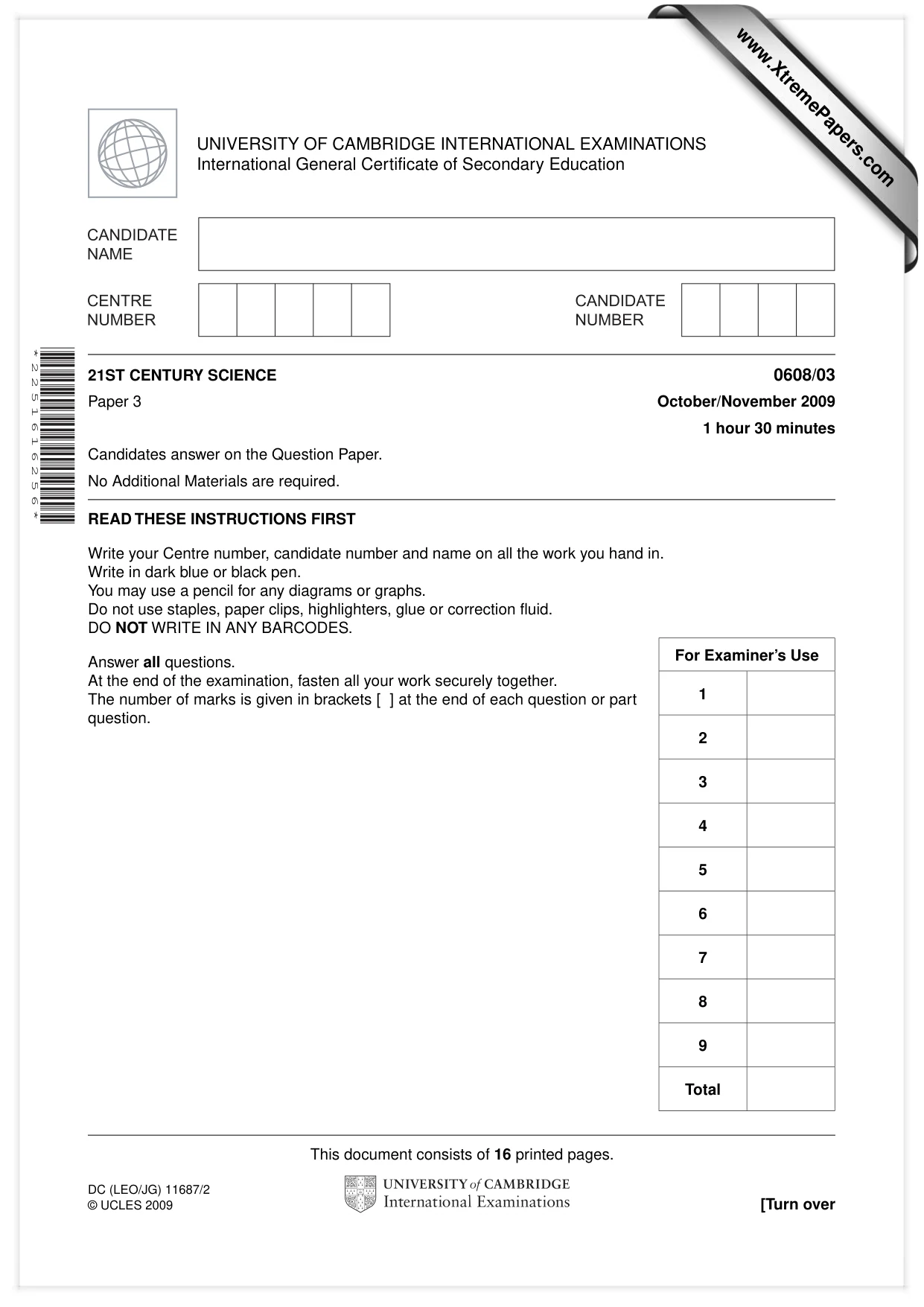 Cambridge IGCSE Twenty-First Century Science 0608 2009 Oct/Nov Paper 3 · Variant 1 question paper, page 1 of 16