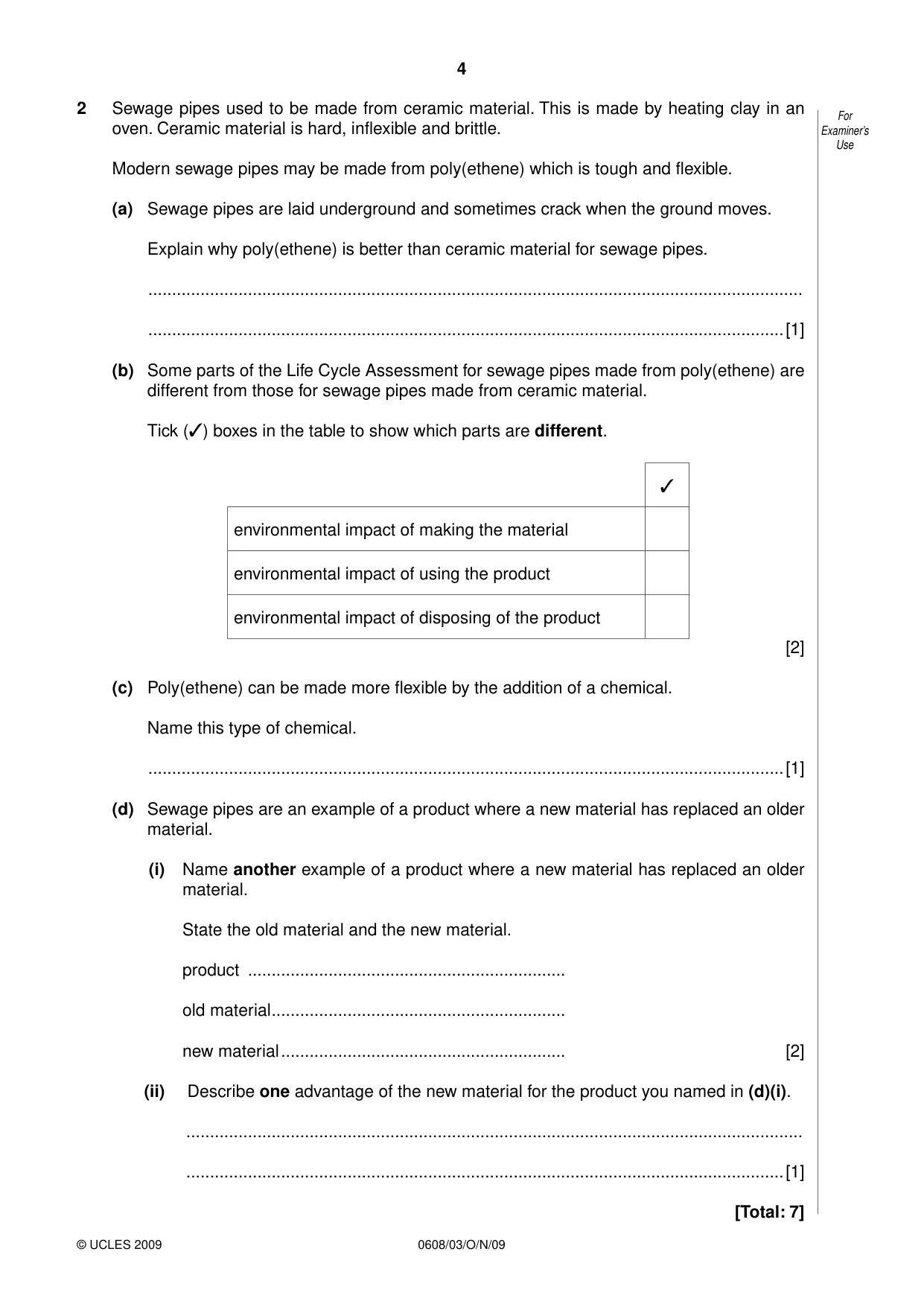 Cambridge IGCSE Twenty-First Century Science 0608 2009 Oct/Nov Paper 3 · Variant 1 question paper, page 4 of 16