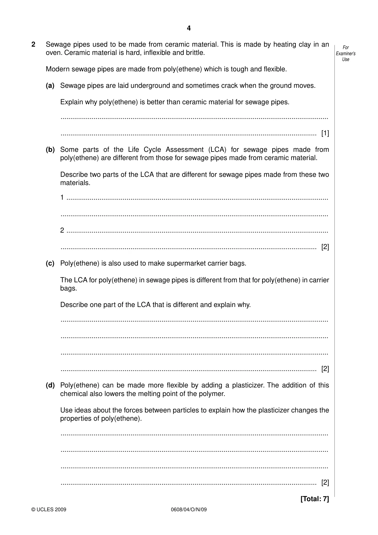 Cambridge IGCSE Twenty-First Century Science 0608 2009 Oct/Nov Paper 4 · Variant 1 question paper, page 4 of 16