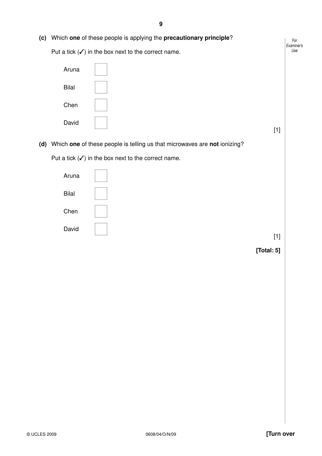 Cambridge IGCSE Twenty-First Century Science 0608 2009 Oct/Nov Paper 4 · Variant 1 question paper, page 9 of 16
