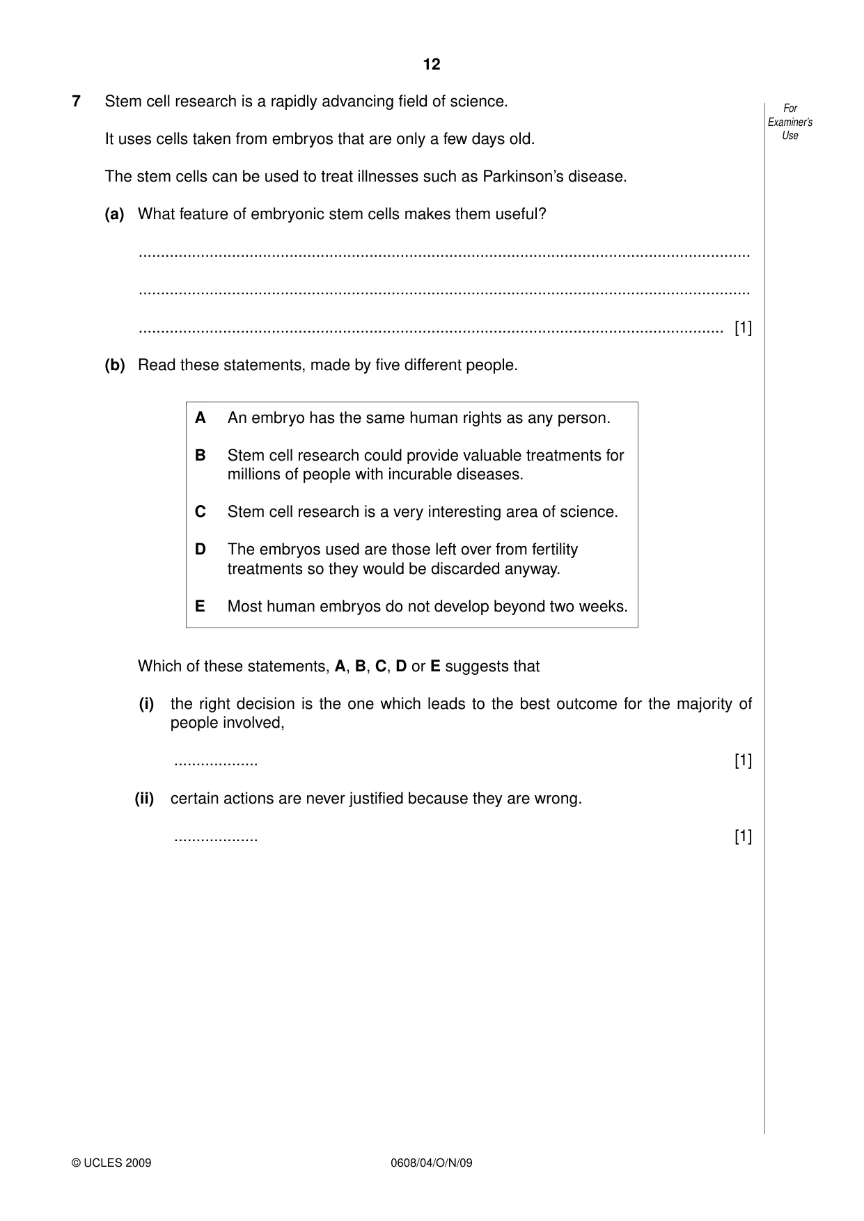 Cambridge IGCSE Twenty-First Century Science 0608 2009 Oct/Nov Paper 4 · Variant 1 question paper, page 12 of 16