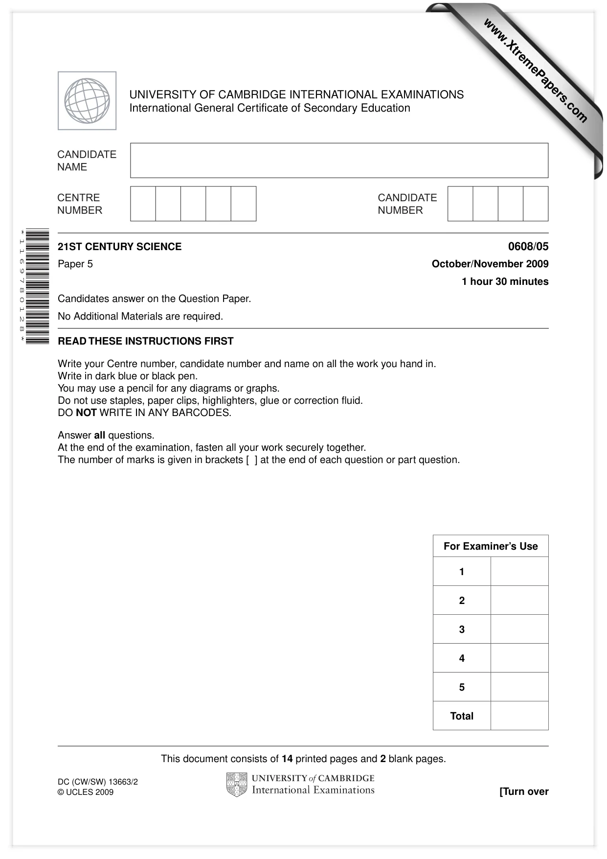 Cambridge IGCSE Twenty-First Century Science 0608 2009 Oct/Nov Paper 5 · Variant 1 question paper, page 1 of 16