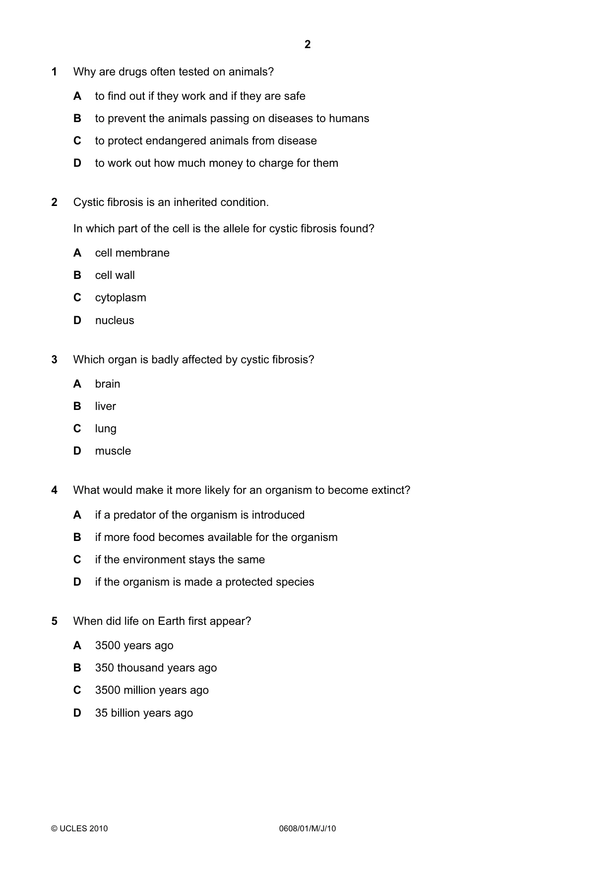 Cambridge IGCSE Twenty-First Century Science 0608 2010 May/June Paper 1 · Variant 1 question paper, page 2 of 16