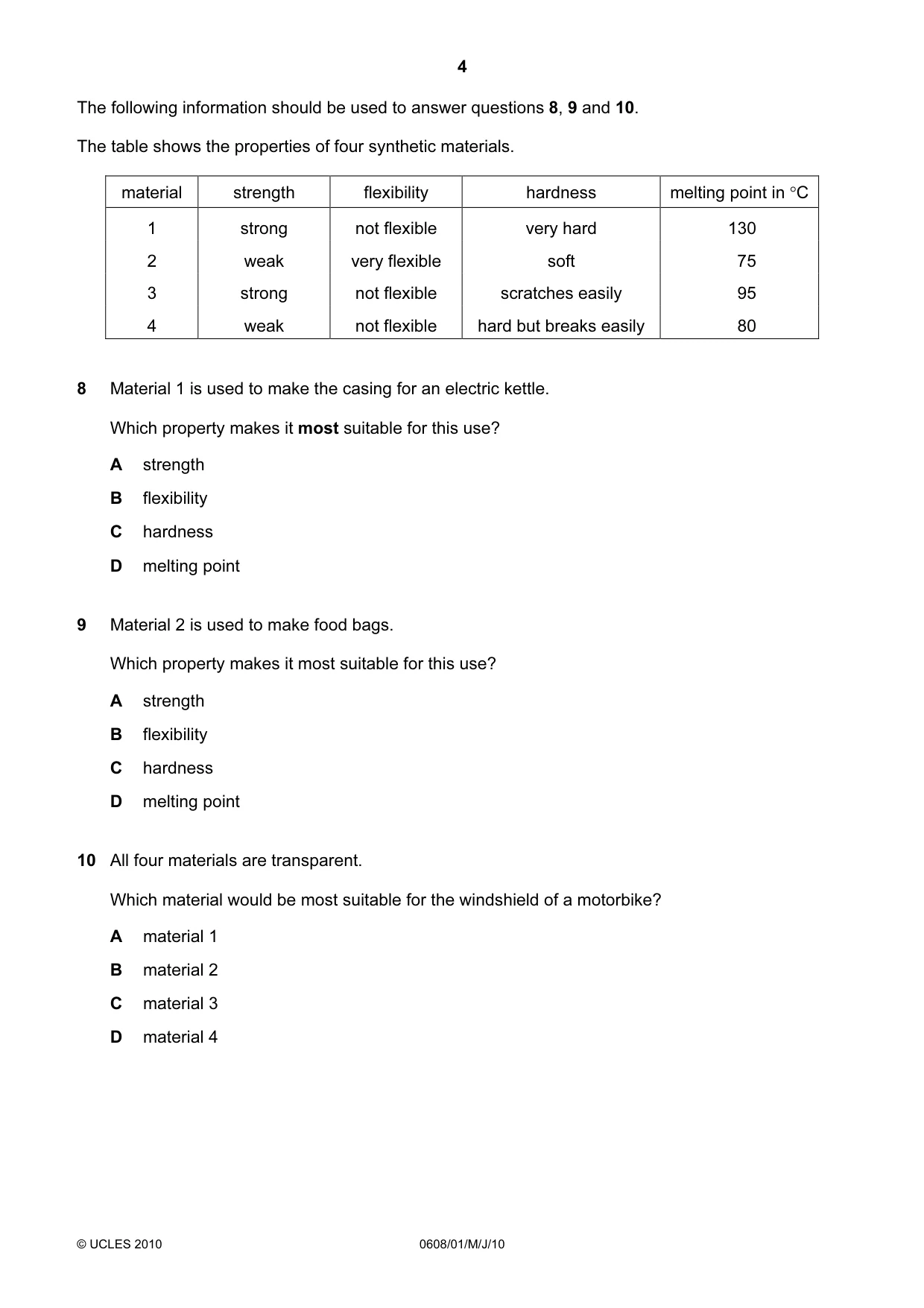 Cambridge IGCSE Twenty-First Century Science 0608 2010 May/June Paper 1 · Variant 1 question paper, page 4 of 16