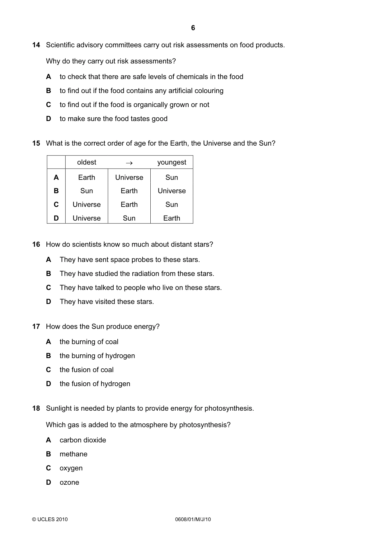 Cambridge IGCSE Twenty-First Century Science 0608 2010 May/June Paper 1 · Variant 1 question paper, page 6 of 16