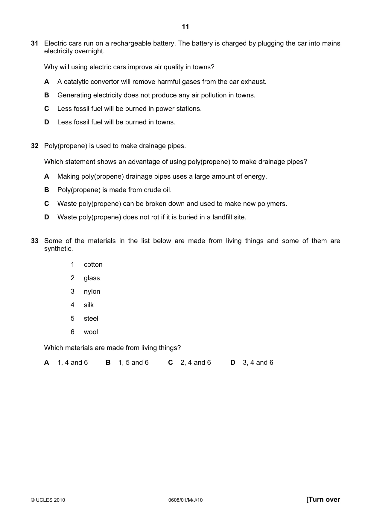 Cambridge IGCSE Twenty-First Century Science 0608 2010 May/June Paper 1 · Variant 1 question paper, page 11 of 16