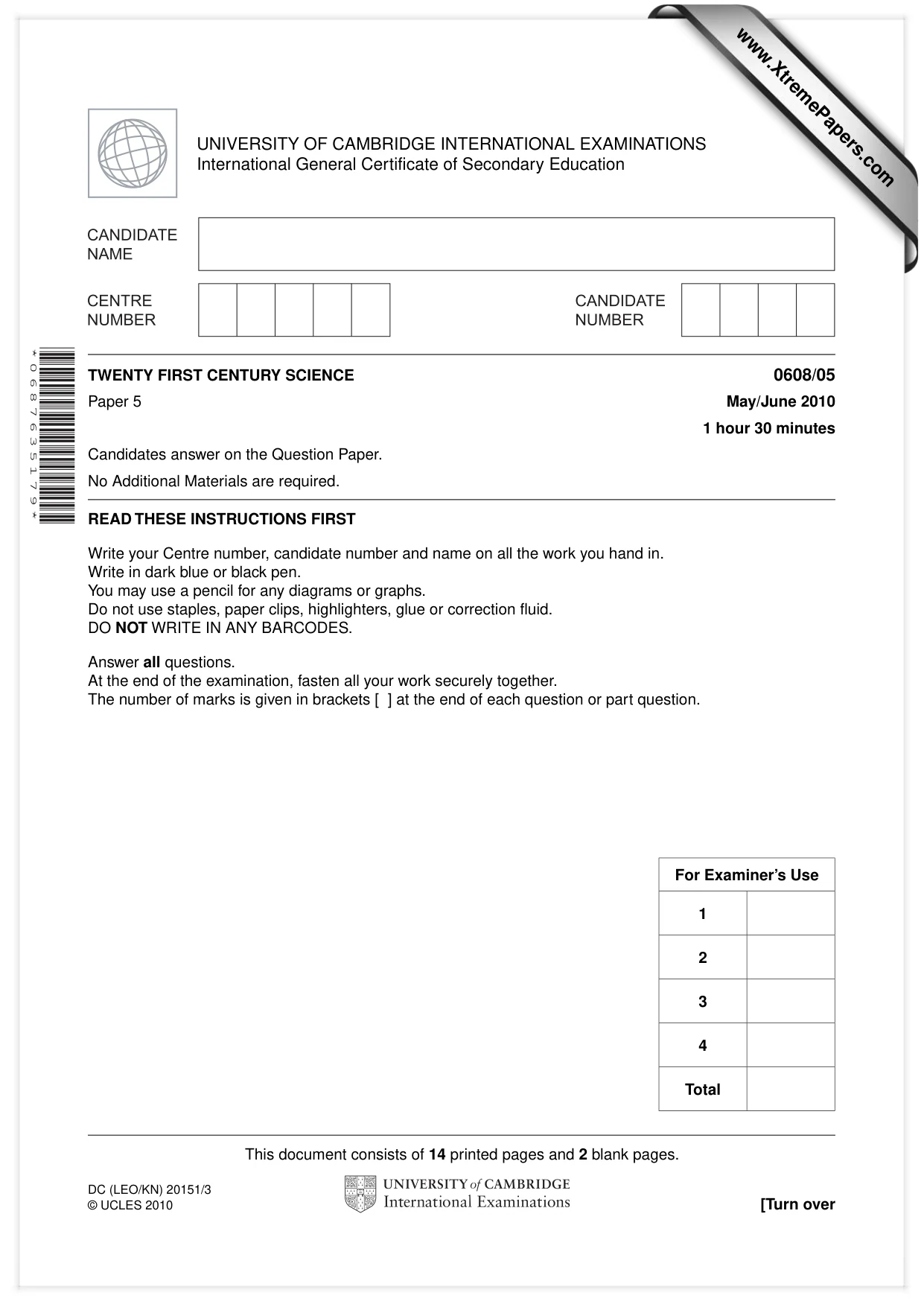 Cambridge IGCSE Twenty-First Century Science 0608 2010 May/June Paper 5 · Variant 1 question paper, page 1 of 16