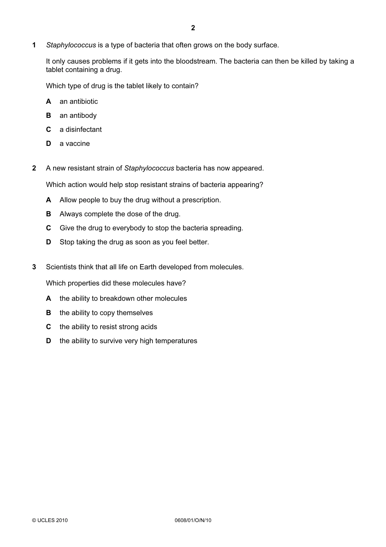 Cambridge IGCSE Twenty-First Century Science 0608 2010 Oct/Nov Paper 1 · Variant 1 question paper, page 2 of 16