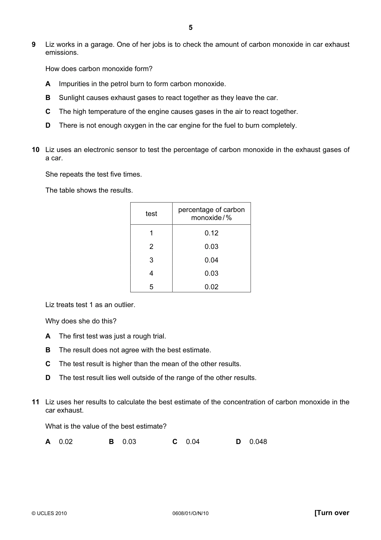 Cambridge IGCSE Twenty-First Century Science 0608 2010 Oct/Nov Paper 1 · Variant 1 question paper, page 5 of 16