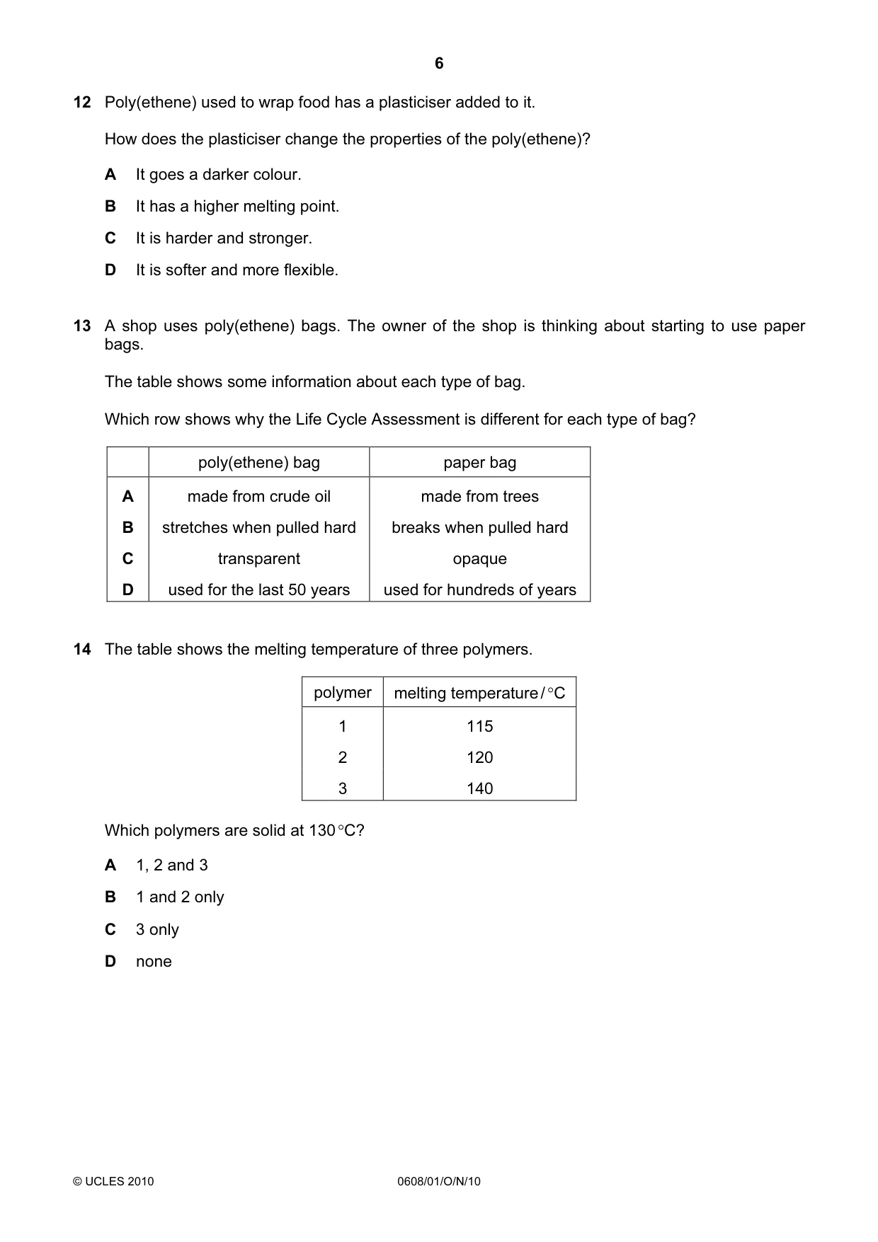 Cambridge IGCSE Twenty-First Century Science 0608 2010 Oct/Nov Paper 1 · Variant 1 question paper, page 6 of 16