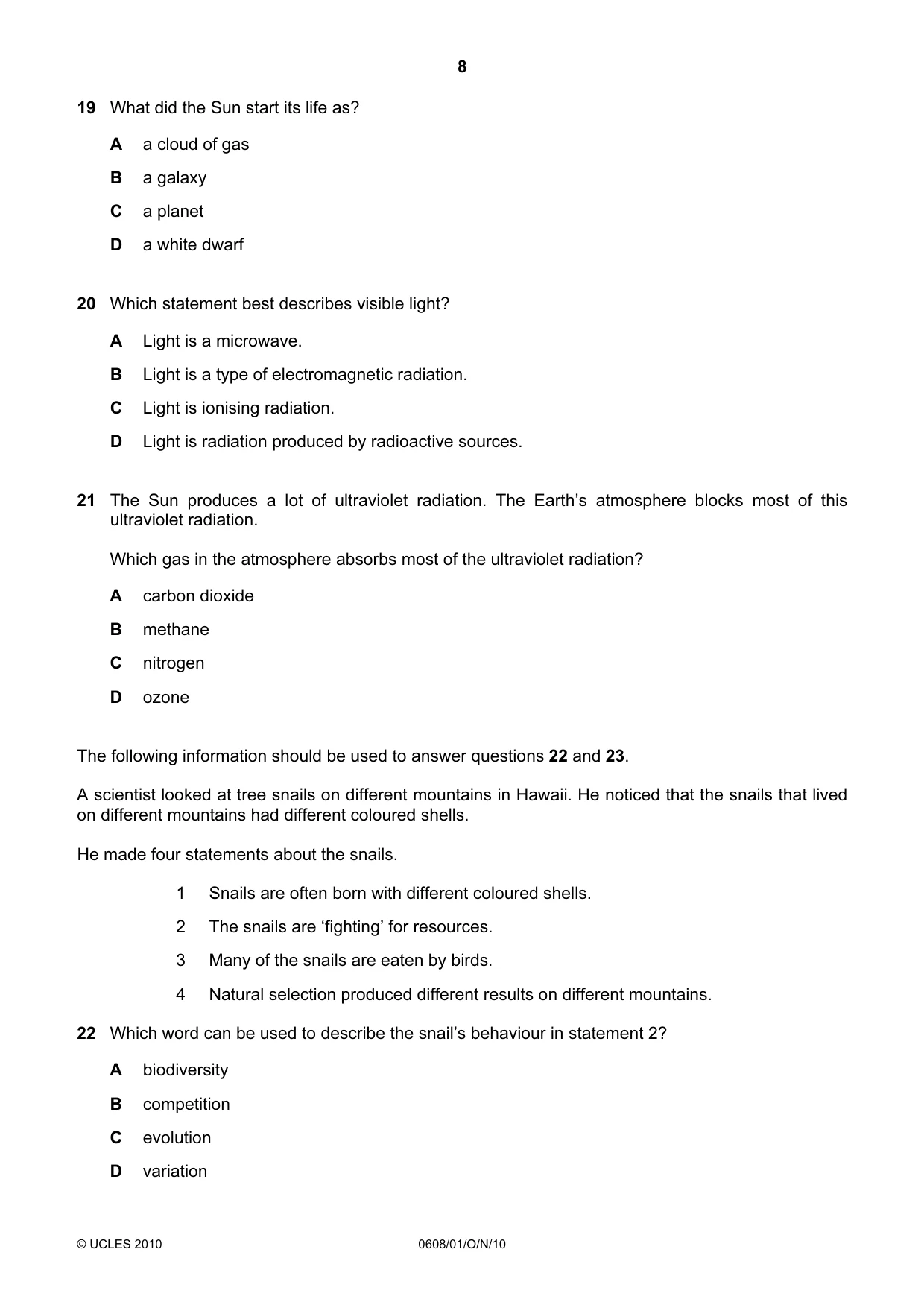Cambridge IGCSE Twenty-First Century Science 0608 2010 Oct/Nov Paper 1 · Variant 1 question paper, page 8 of 16