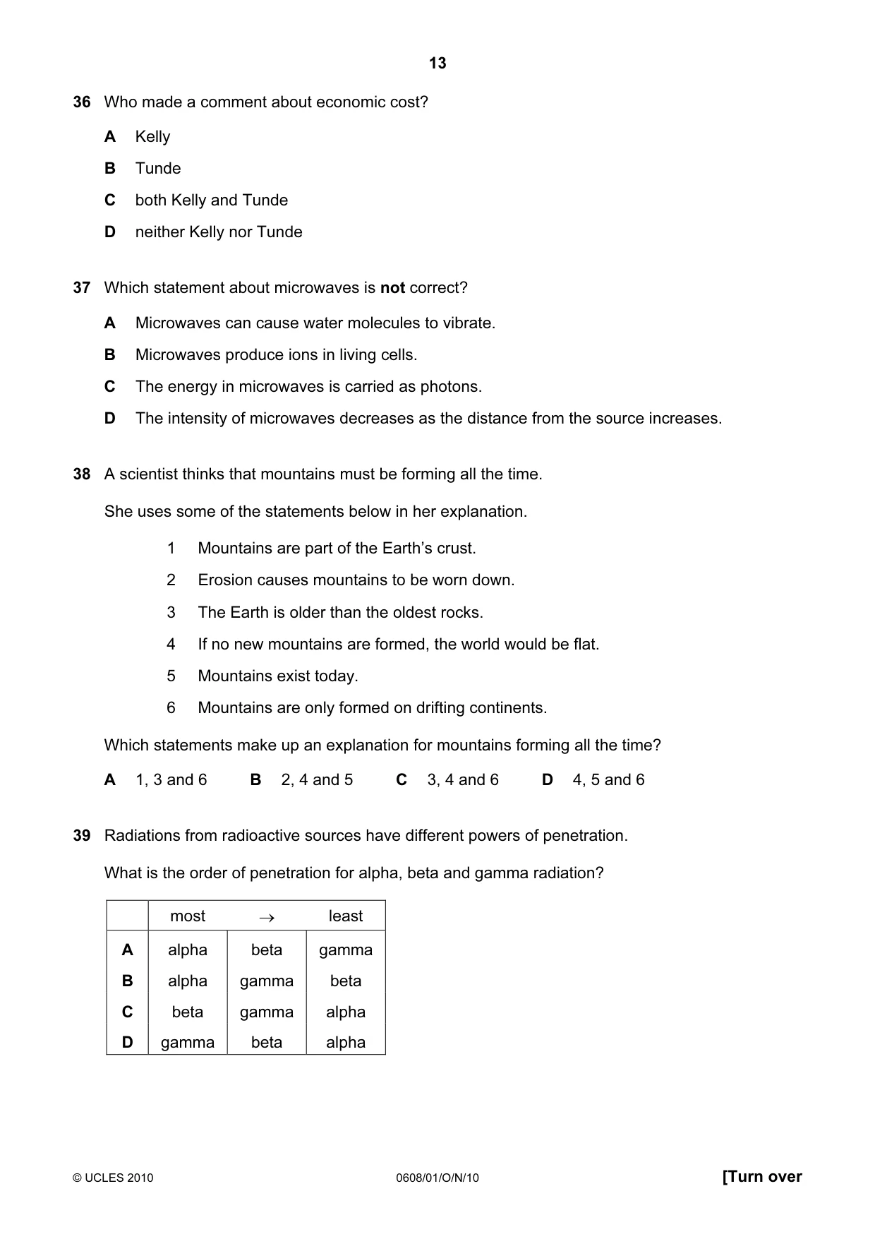 Cambridge IGCSE Twenty-First Century Science 0608 2010 Oct/Nov Paper 1 · Variant 1 question paper, page 13 of 16