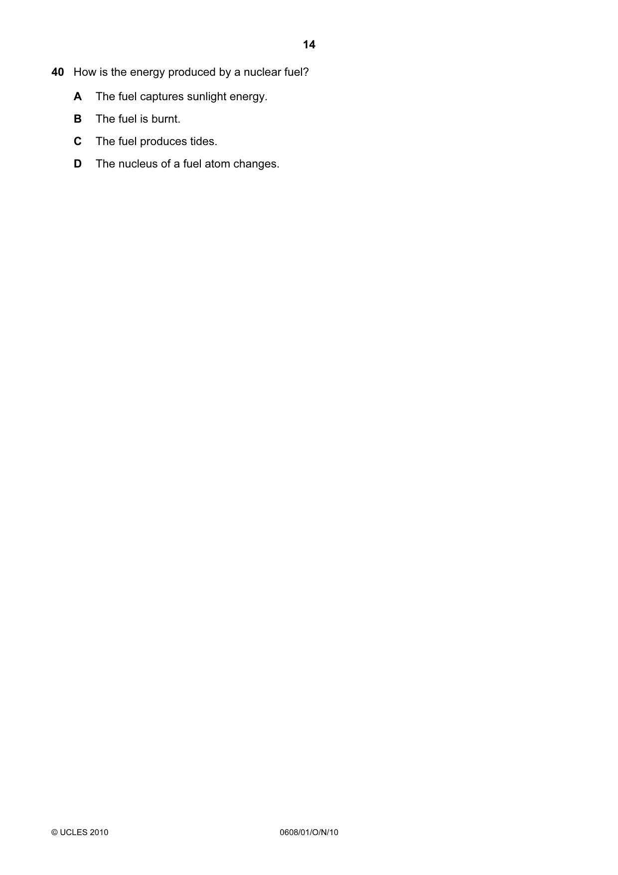 Cambridge IGCSE Twenty-First Century Science 0608 2010 Oct/Nov Paper 1 · Variant 1 question paper, page 14 of 16