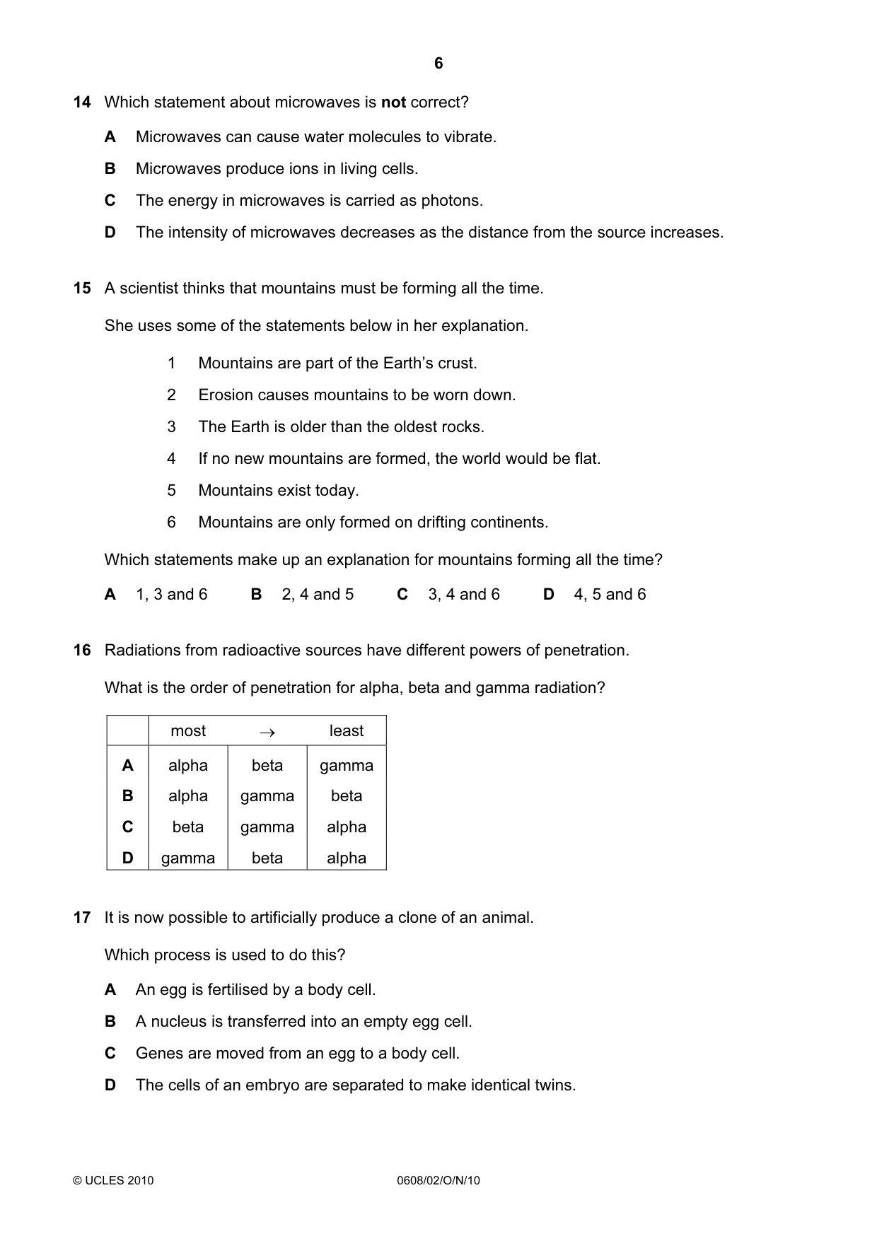Cambridge IGCSE Twenty-First Century Science 0608 2010 Oct/Nov Paper 2 · Variant 1 question paper, page 6 of 16