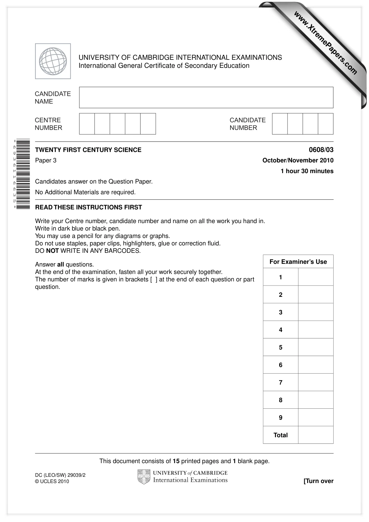 Cambridge IGCSE Twenty-First Century Science 0608 2010 Oct/Nov Paper 3 · Variant 1 question paper, page 1 of 16