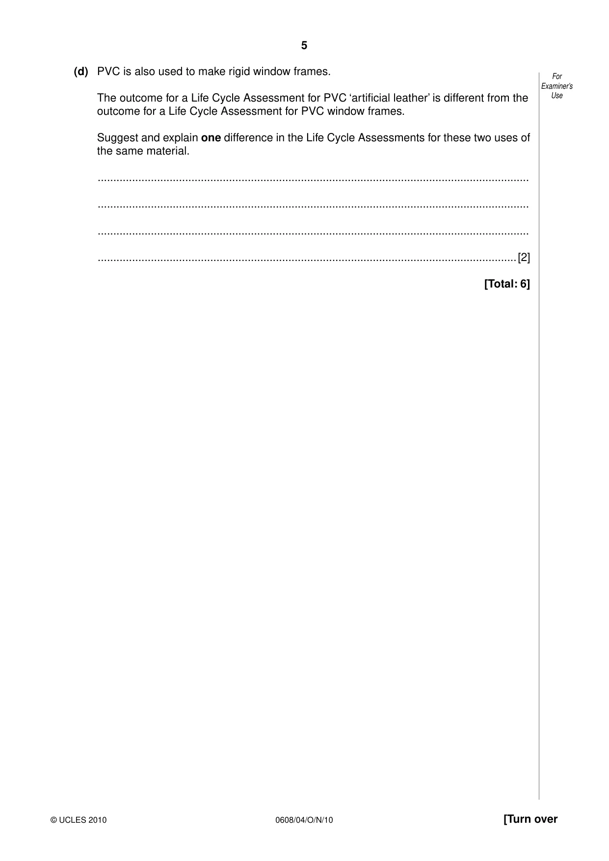 Cambridge IGCSE Twenty-First Century Science 0608 2010 Oct/Nov Paper 4 · Variant 1 question paper, page 5 of 16