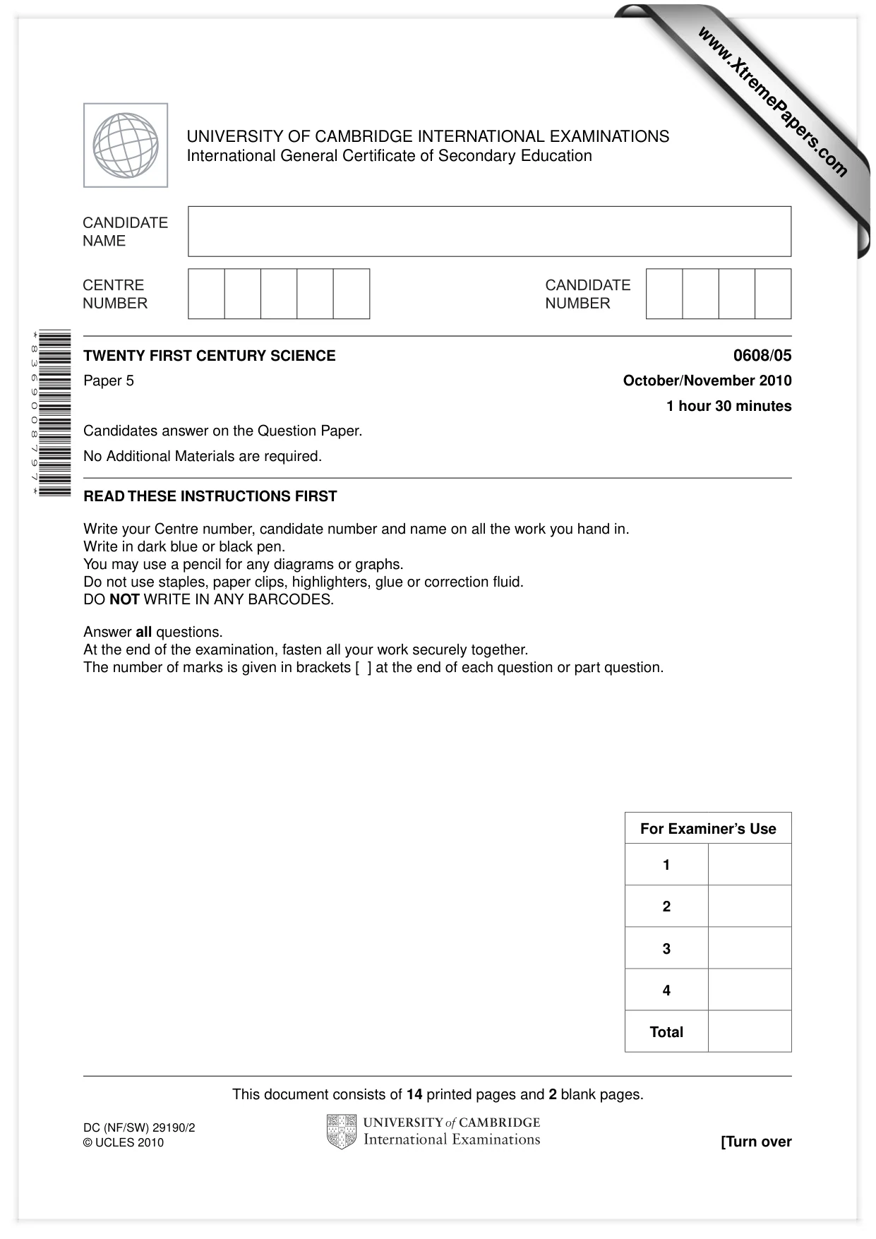 Cambridge IGCSE Twenty-First Century Science 0608 2010 Oct/Nov Paper 5 · Variant 1 question paper, page 1 of 16